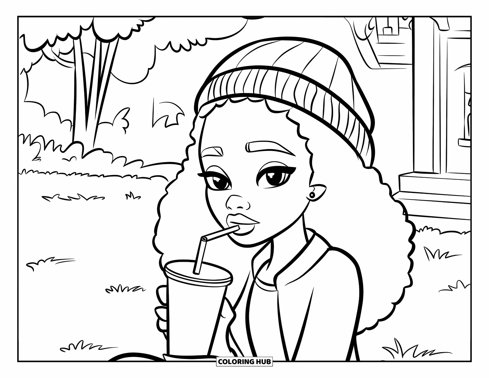 Afro Black Girl Coloring Page for Kids: A relaxed girl in a beanie sips a smoothie while sitting on grass
