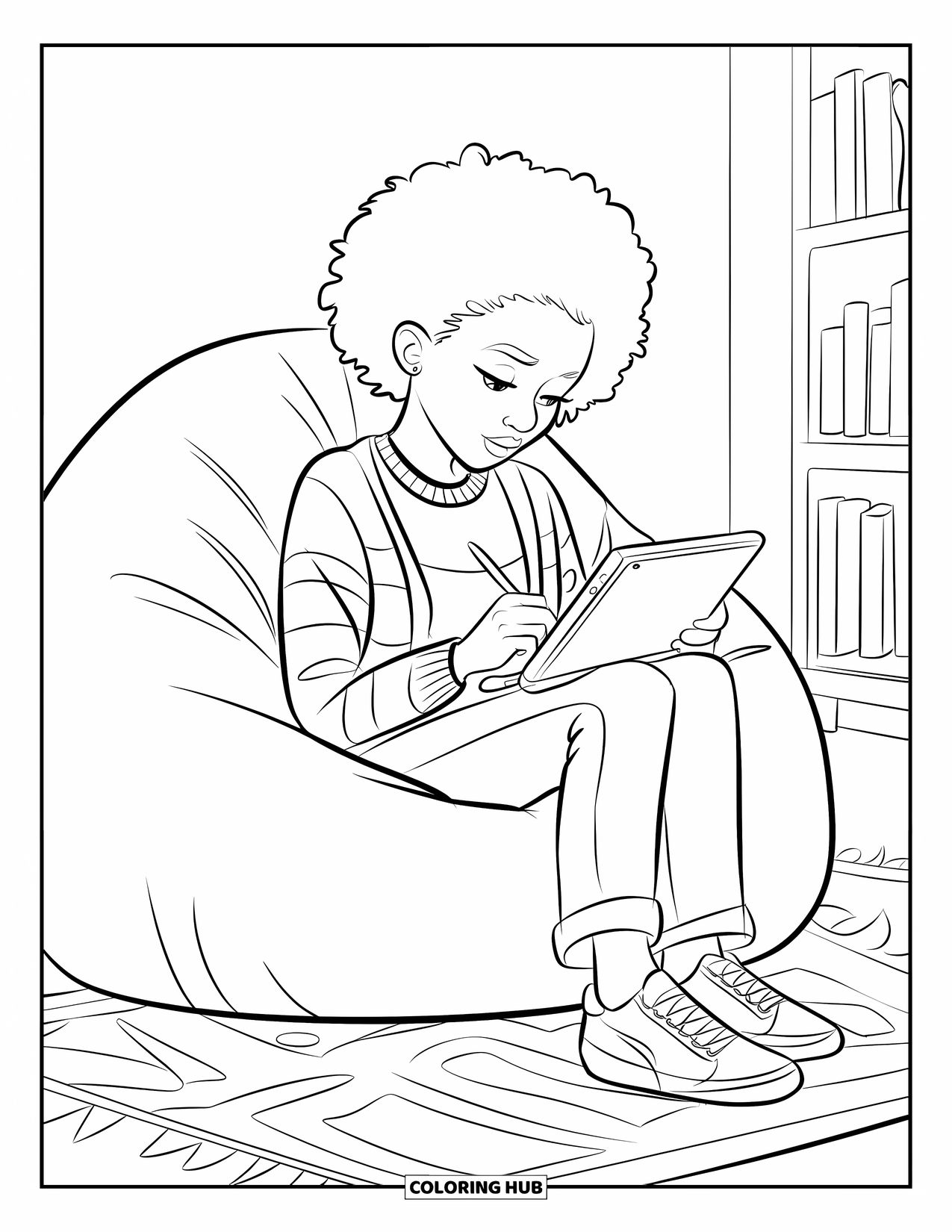 Afro Black Girl Coloring Page for Kids: A relaxed girl sketches on a tablet in a room with a rug and bookshelf