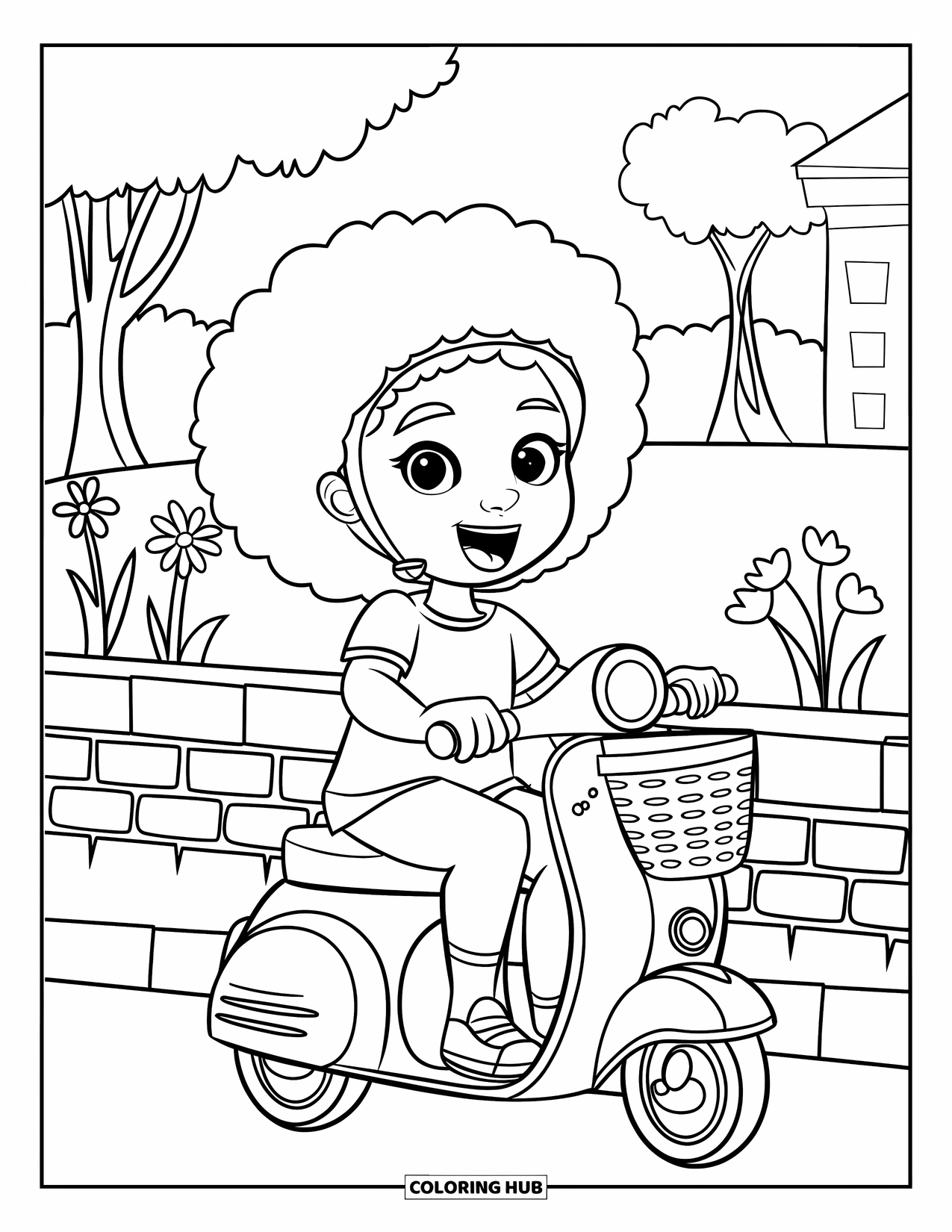 Afro Black Girl Coloring Page for Kids: A scooter-riding girl rolls past a brick wall with flowers and trees