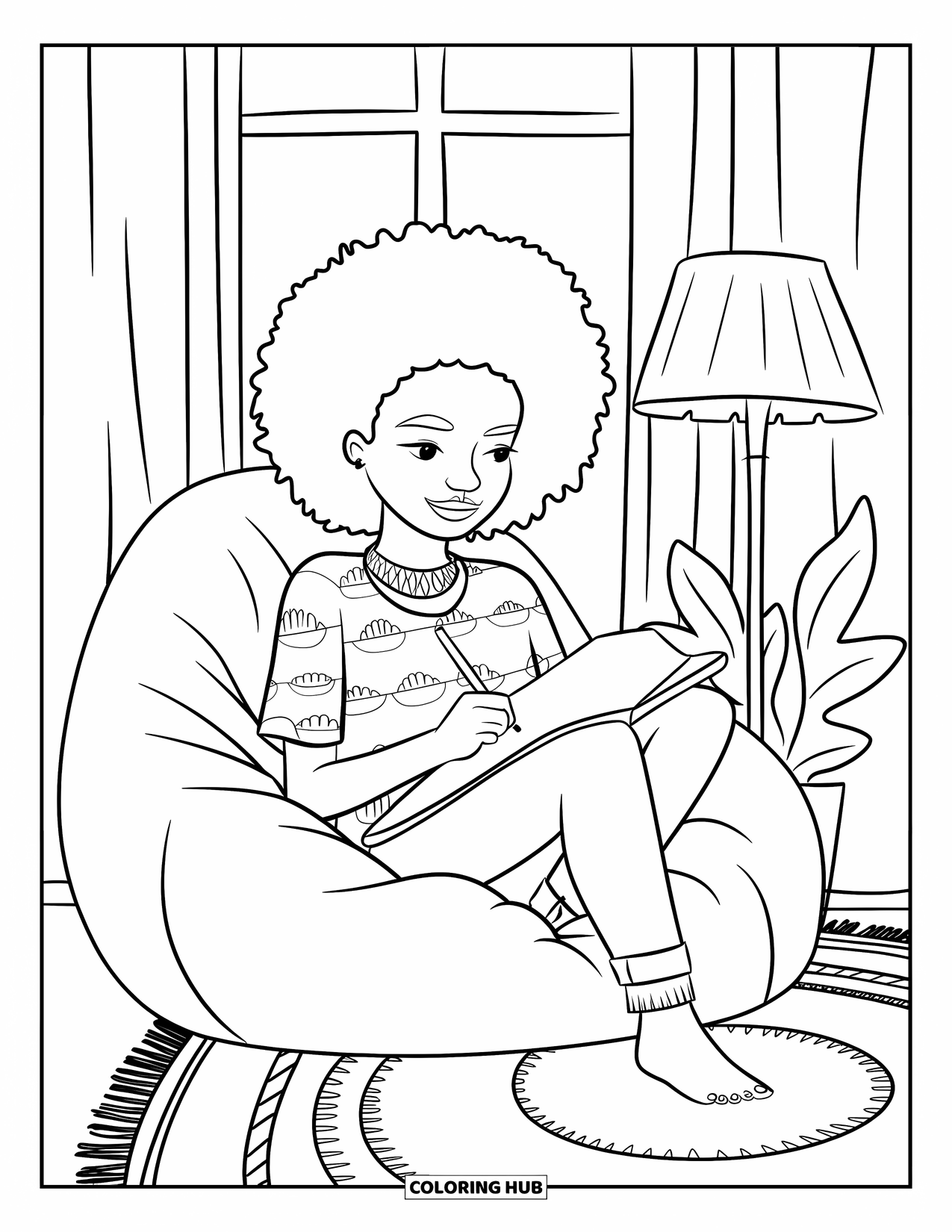 Afro Black Girl Coloring Page for Kids: A smiling girl sketches while sitting in a warm, comfy room