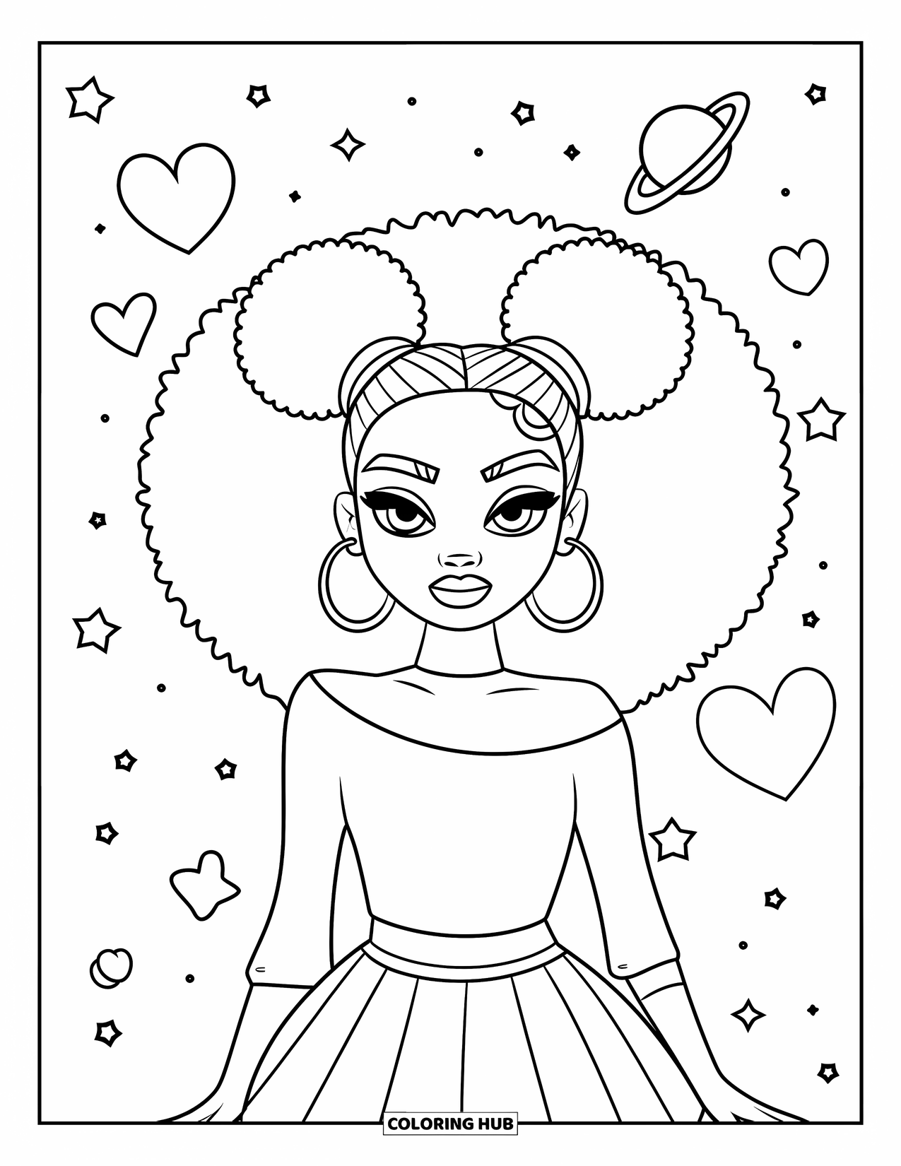 Afro Black Girl Coloring Page for Kids: A stylish girl stands under stars, hearts, and floating planets