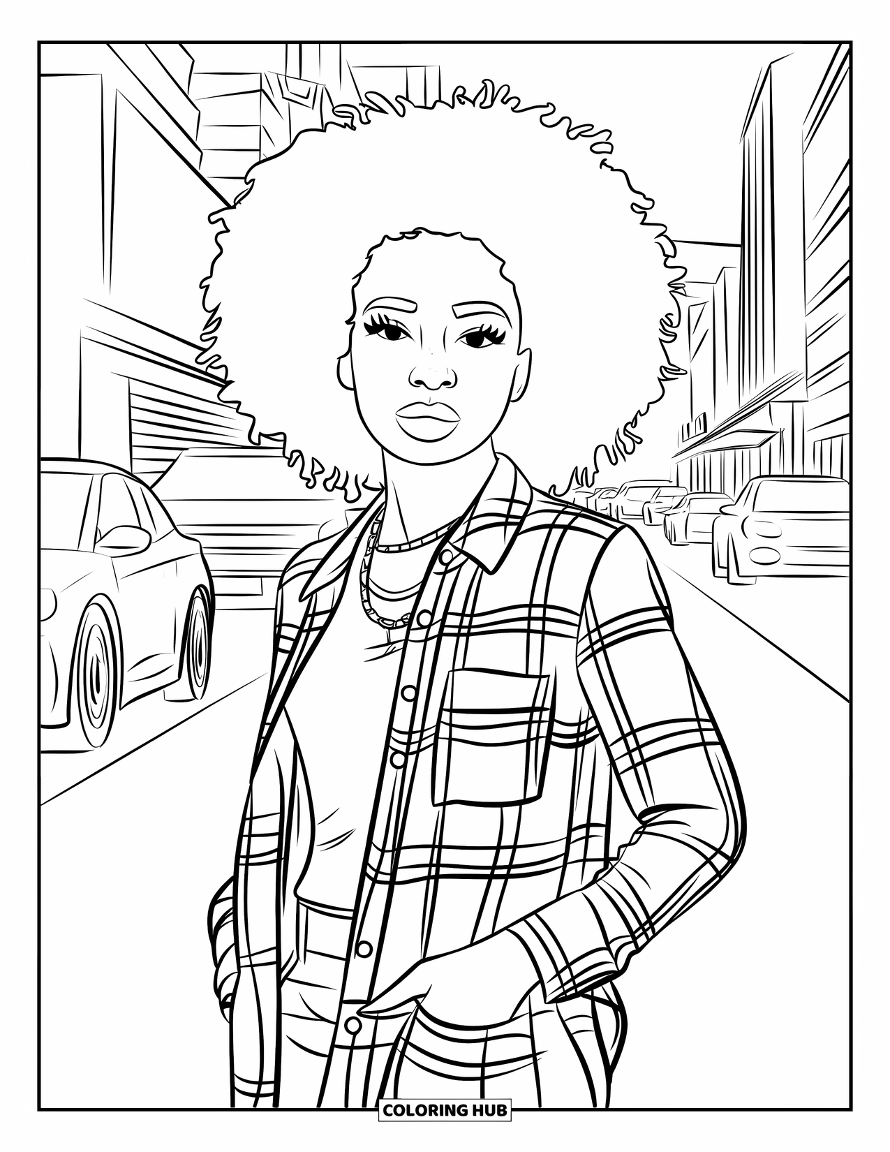 Afro Black Girl Coloring Page for Kids: A trendy girl in a plaid shirt poses on a city street