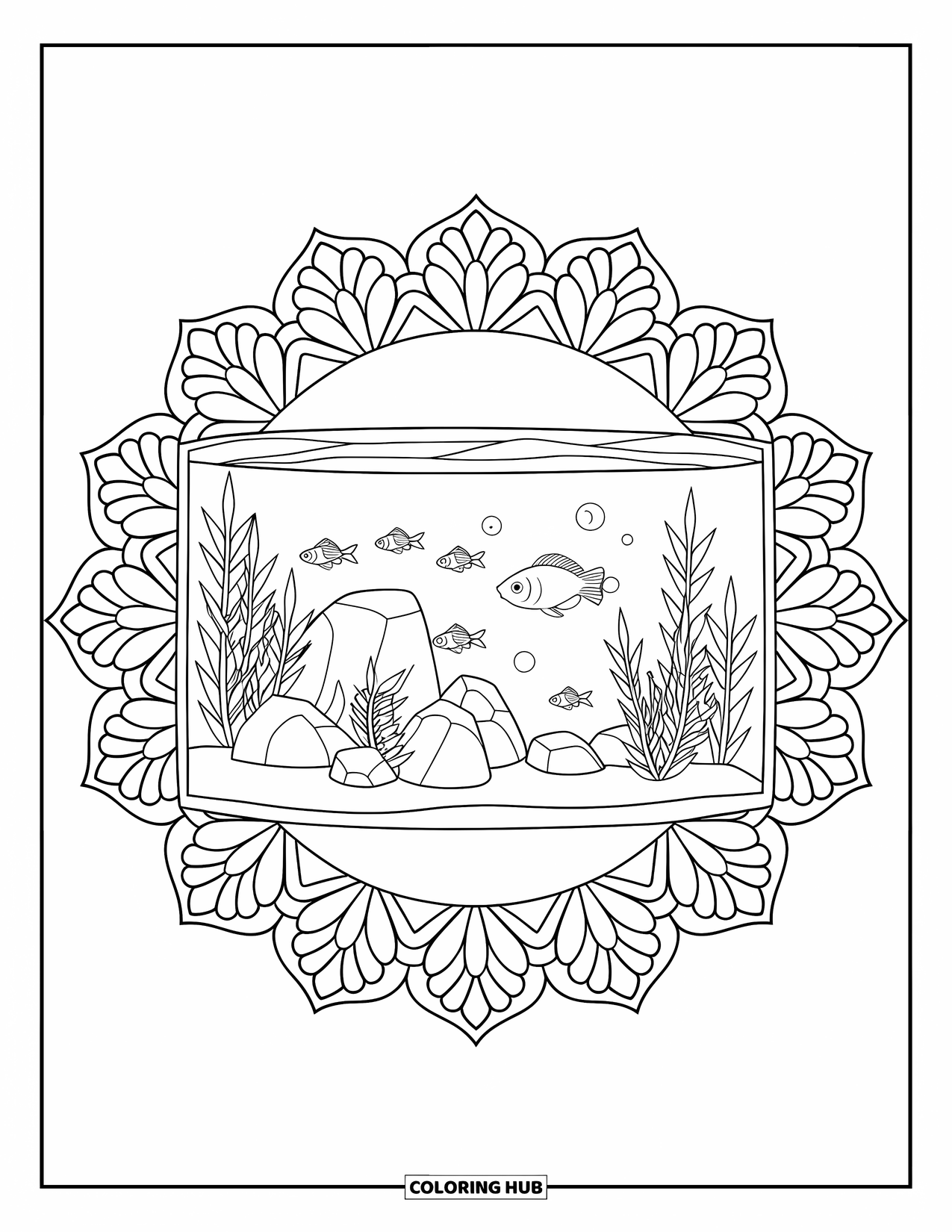 Aquarium Coloring Page for Adults: Aquarium with rocks and tetras sits inside a floral mandala frame