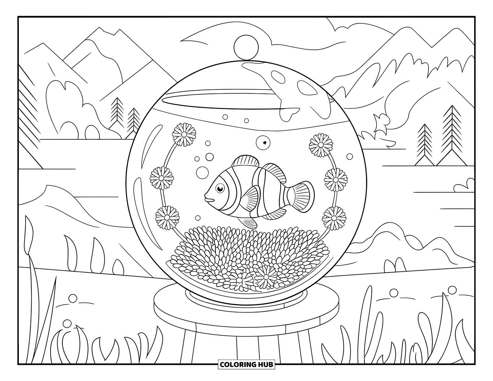 Aquarium Coloring Page for Adults: Clownfish rests in a round aquarium with flower patterns and soft landscape views