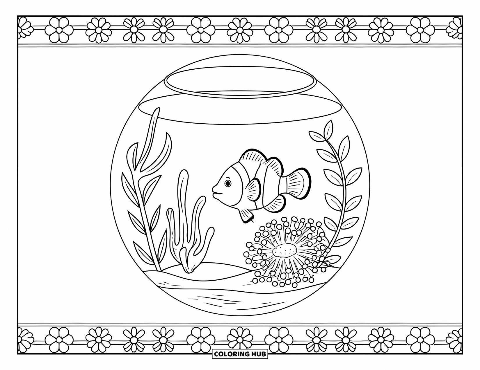 Aquarium Coloring Page for Adults: Clownfish swims near a sea anemone in a round tank with floral borders