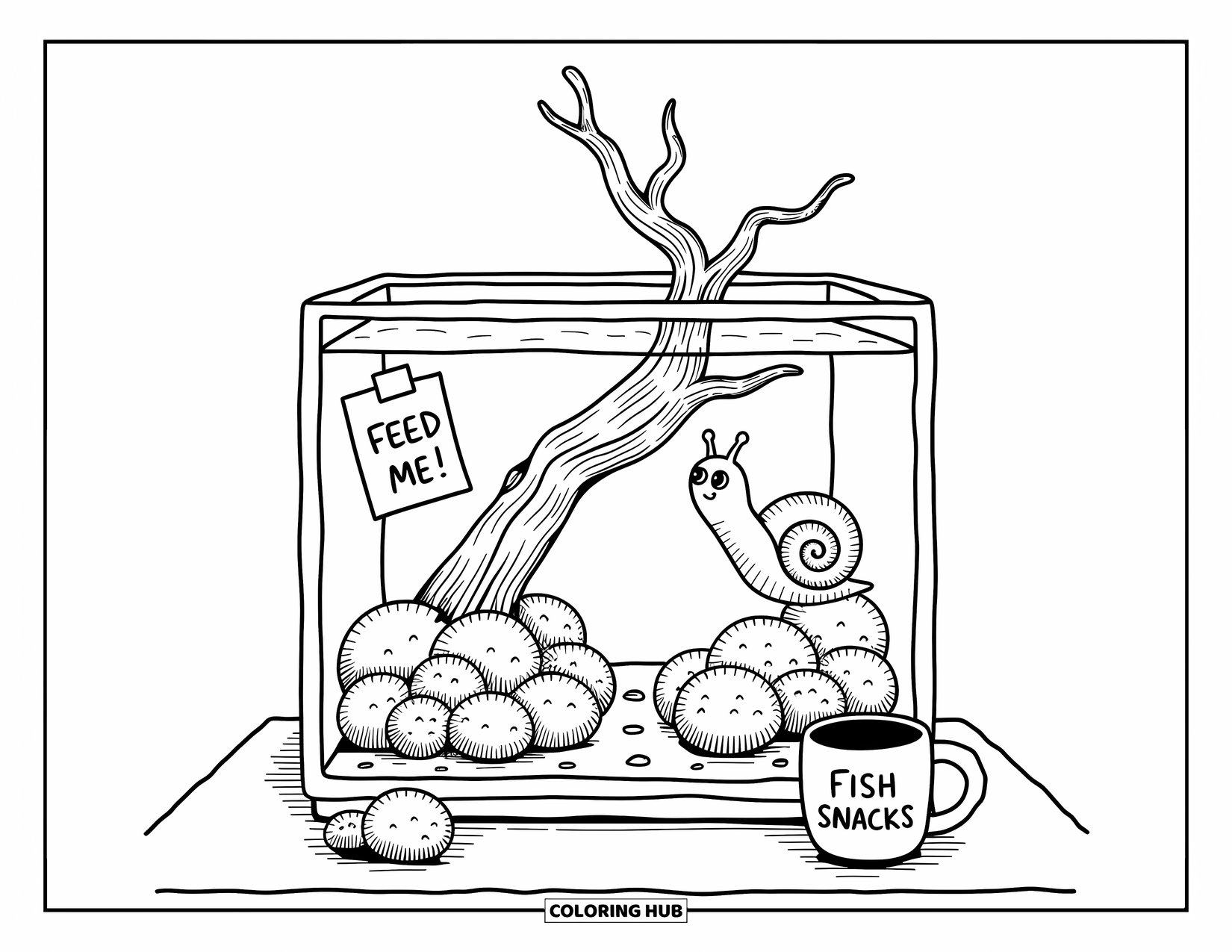 Aquarium Coloring Page for Adults: Cozy aquarium with driftwood, moss balls, and a big-eyed snail near a "Feed Me!" note