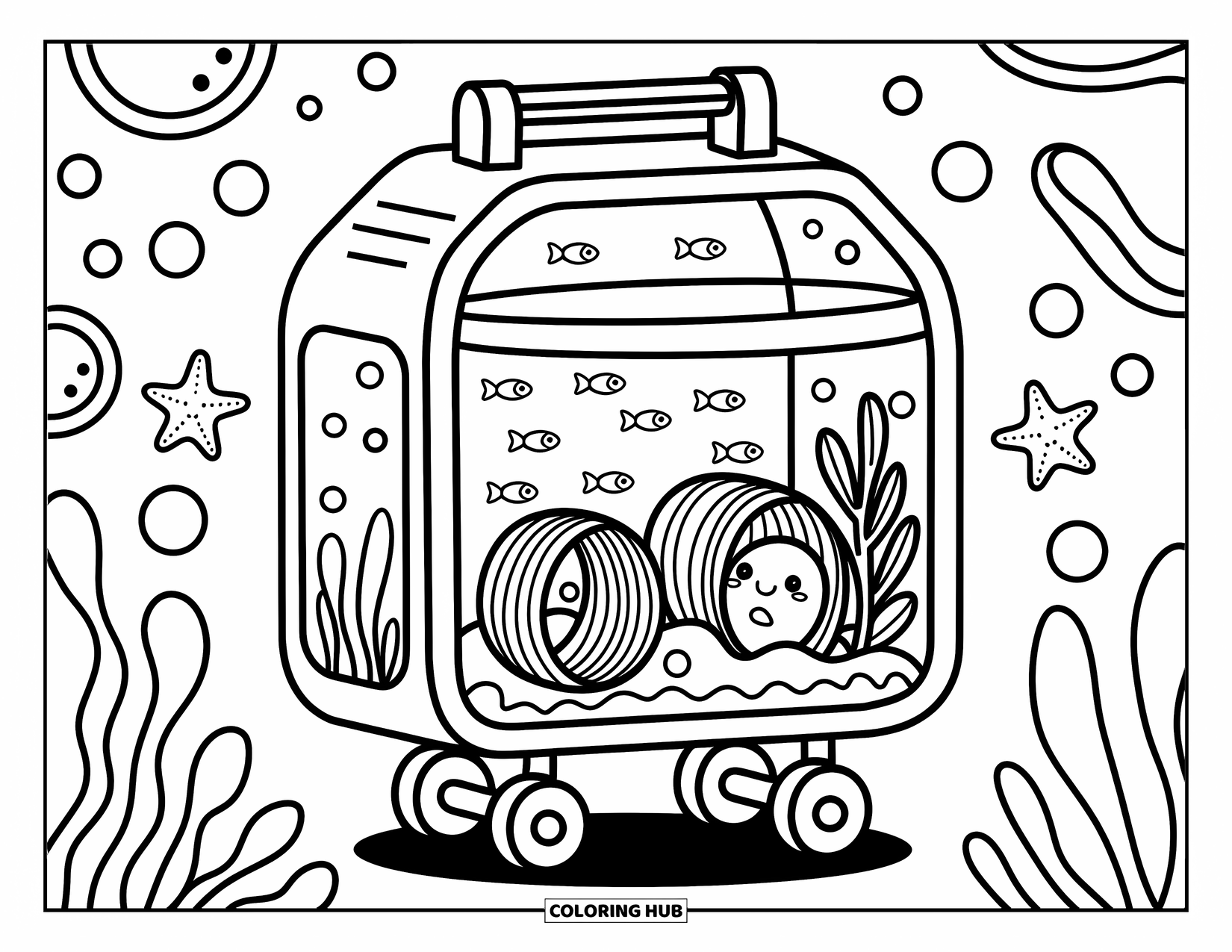 Aquarium Coloring Page for Adults: Cute aquarium on wheels with leafy corners and bubbly starfish patterns