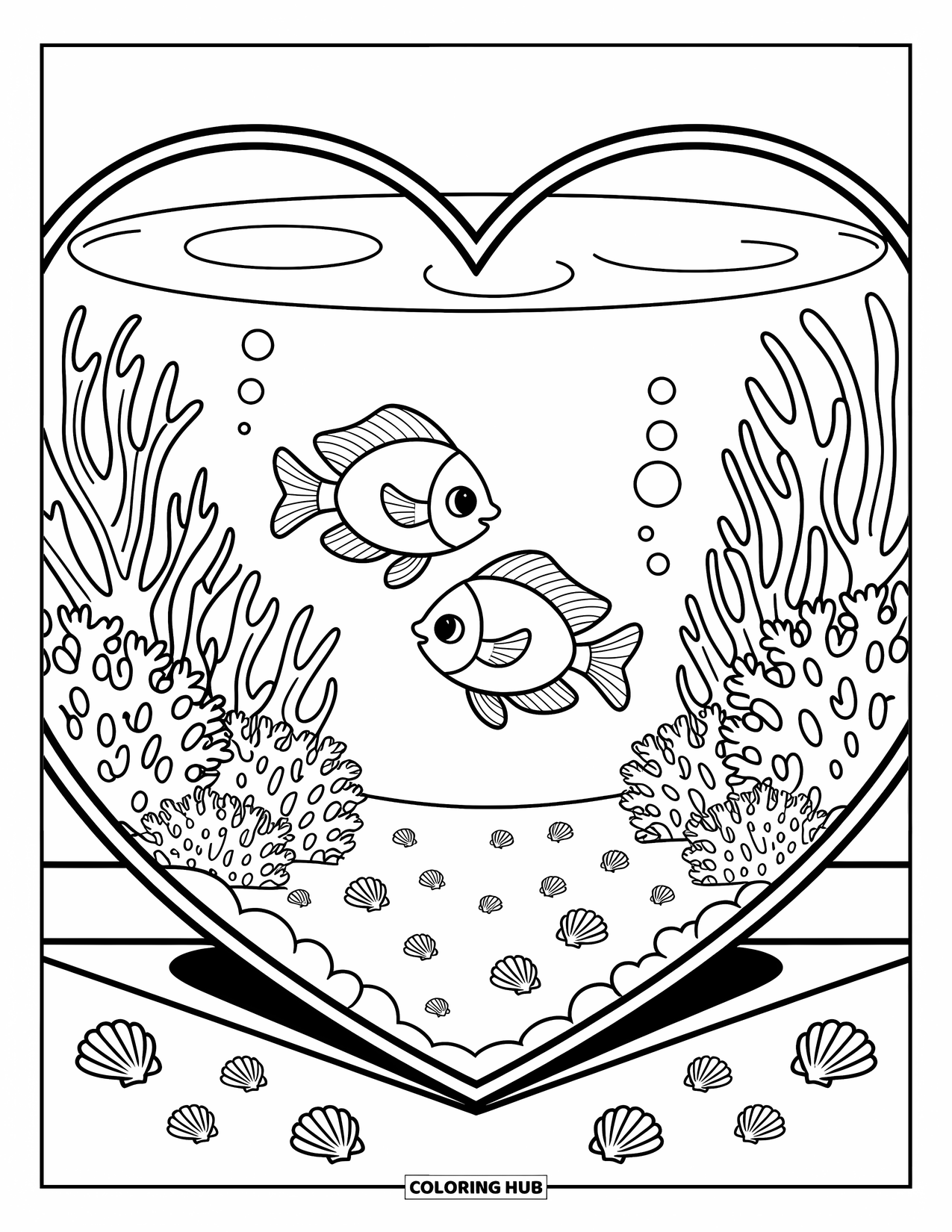 Aquarium Coloring Page for Adults: Cute fish swim in a heart-shaped tank filled with coral and seashells