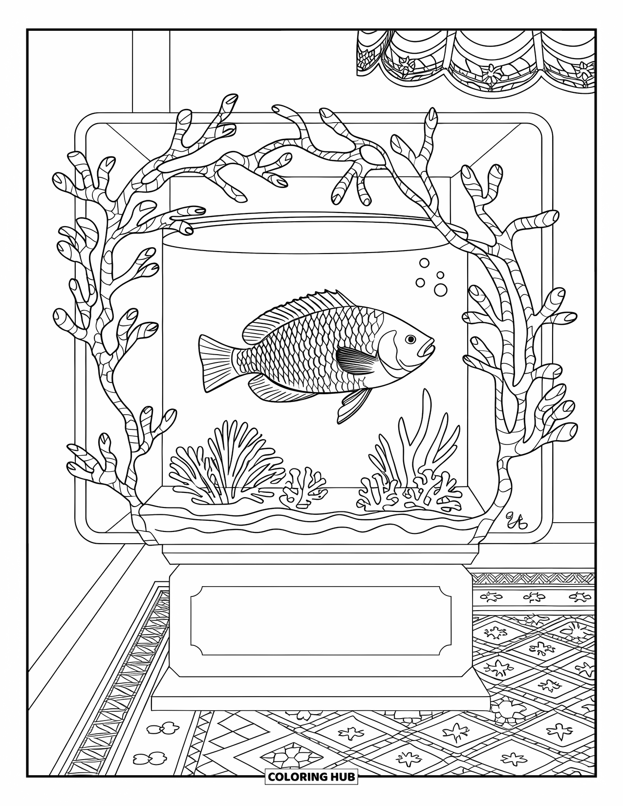 Aquarium Coloring Page for Adults: Elegant cube tank holds a tropical fish near a cozy lamp and rug