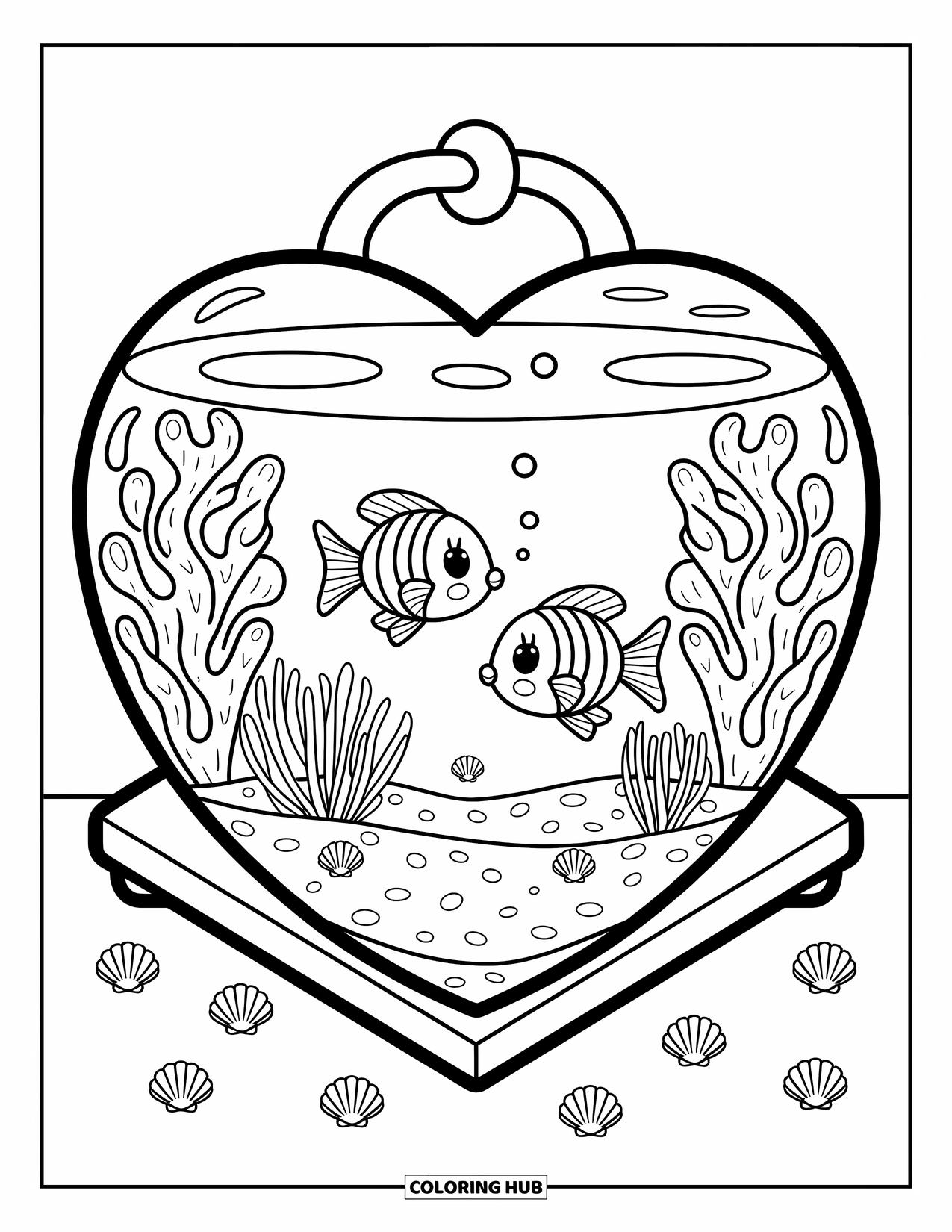 Aquarium Coloring Page for Adults: Fish glide through coral in a heart-shaped tank scattered with tiny seashells