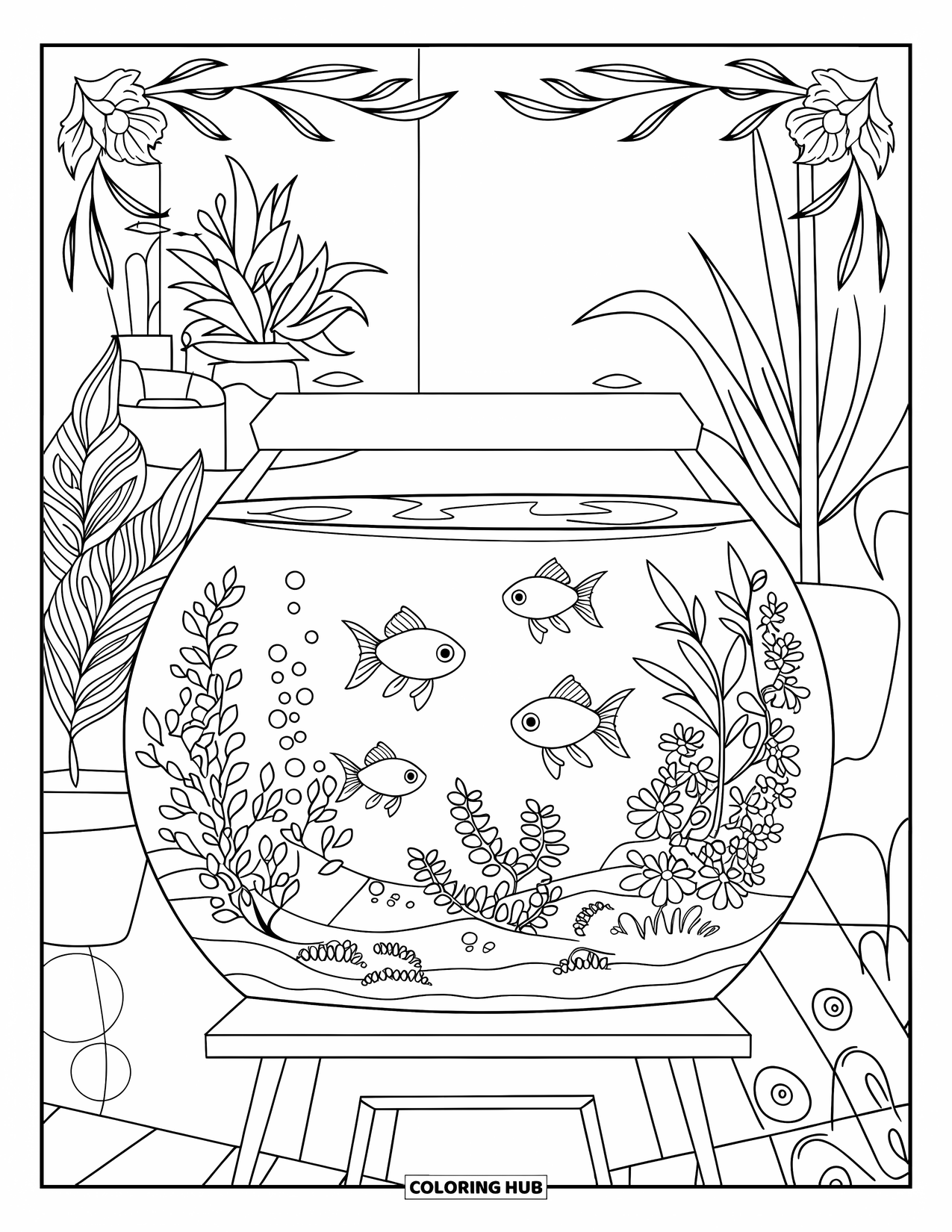 Aquarium Coloring Page for Adults: Goldfish swim among plants in a tank framed with floral designs