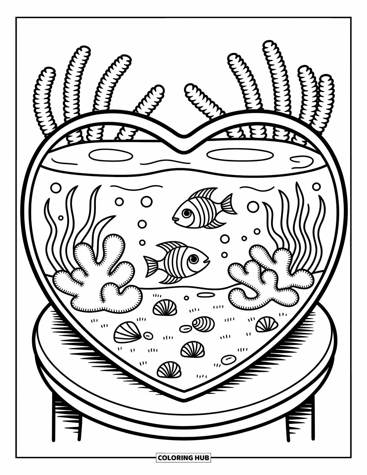 Aquarium Coloring Page for Adults: Heart-shaped aquarium with playful fish, puffy coral, and a seashell path