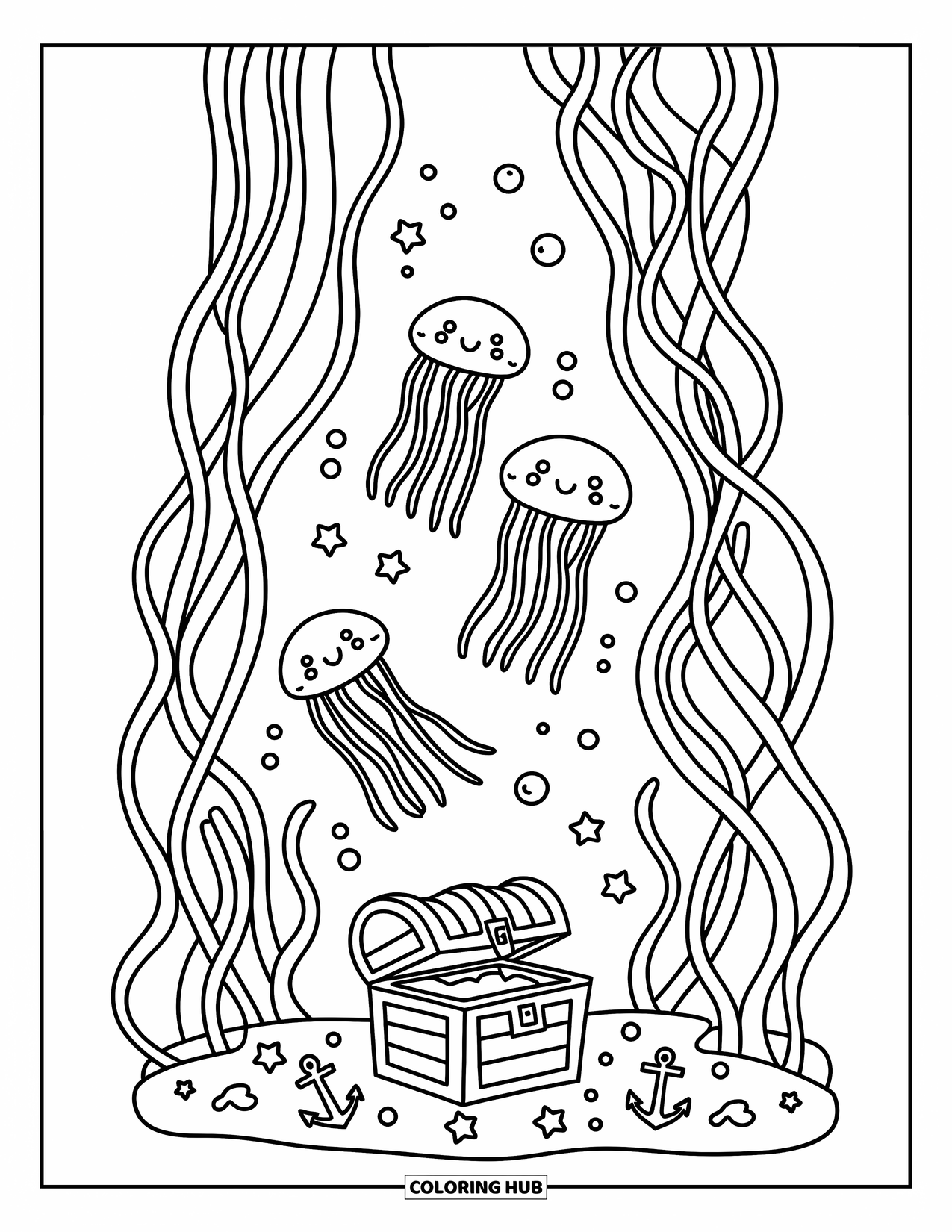 Aquarium Coloring Page for Adults: Jellyfish float through vines above a treasure chest in a tall, narrow tank