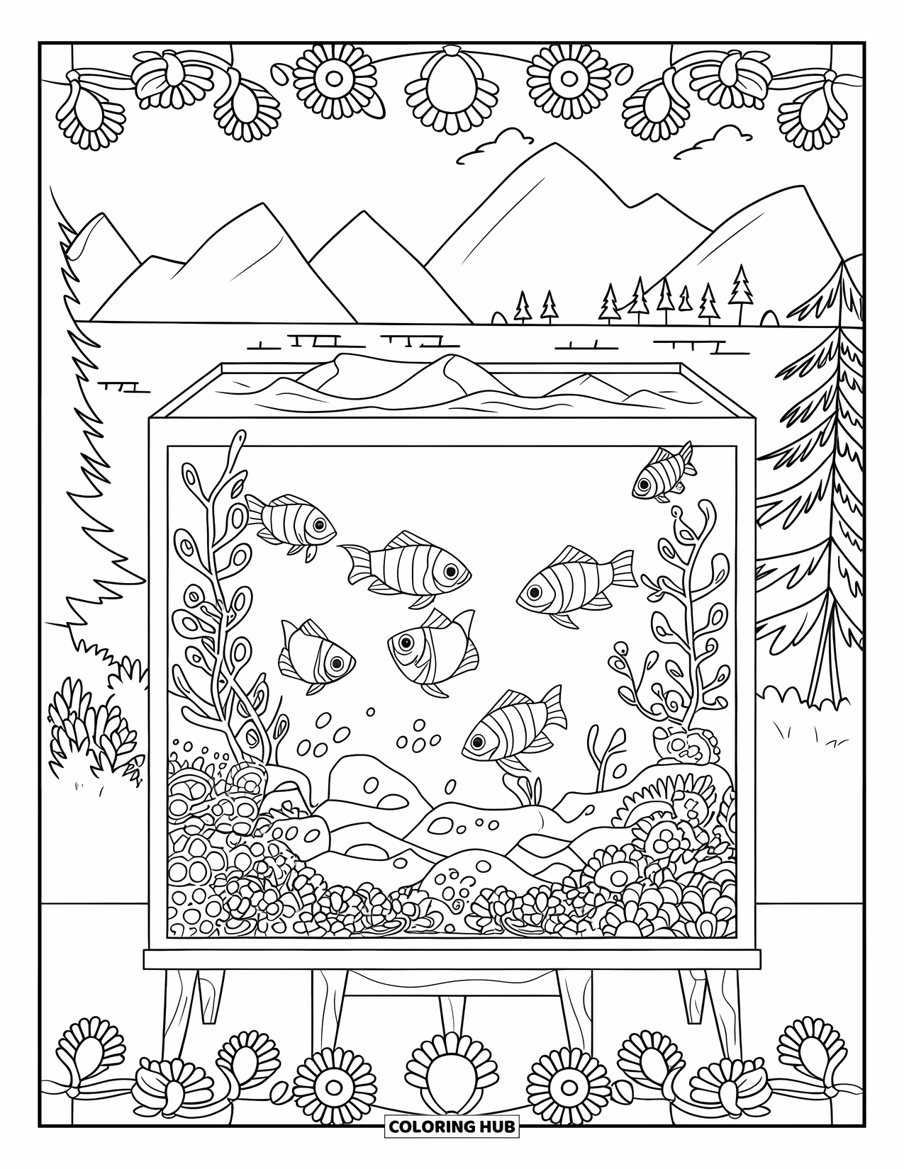 Aquarium Coloring Page for Adults: Rectangle aquarium with tetras and rocks sits in a peaceful, floral-framed scene
