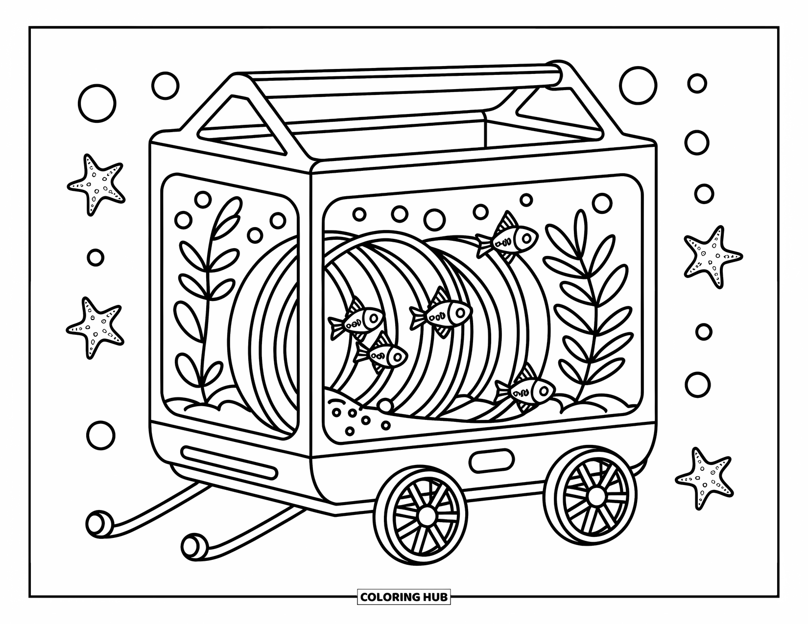 Aquarium Coloring Page for Adults: Rolling tank with joyful fish and cute bubble and starfish designs