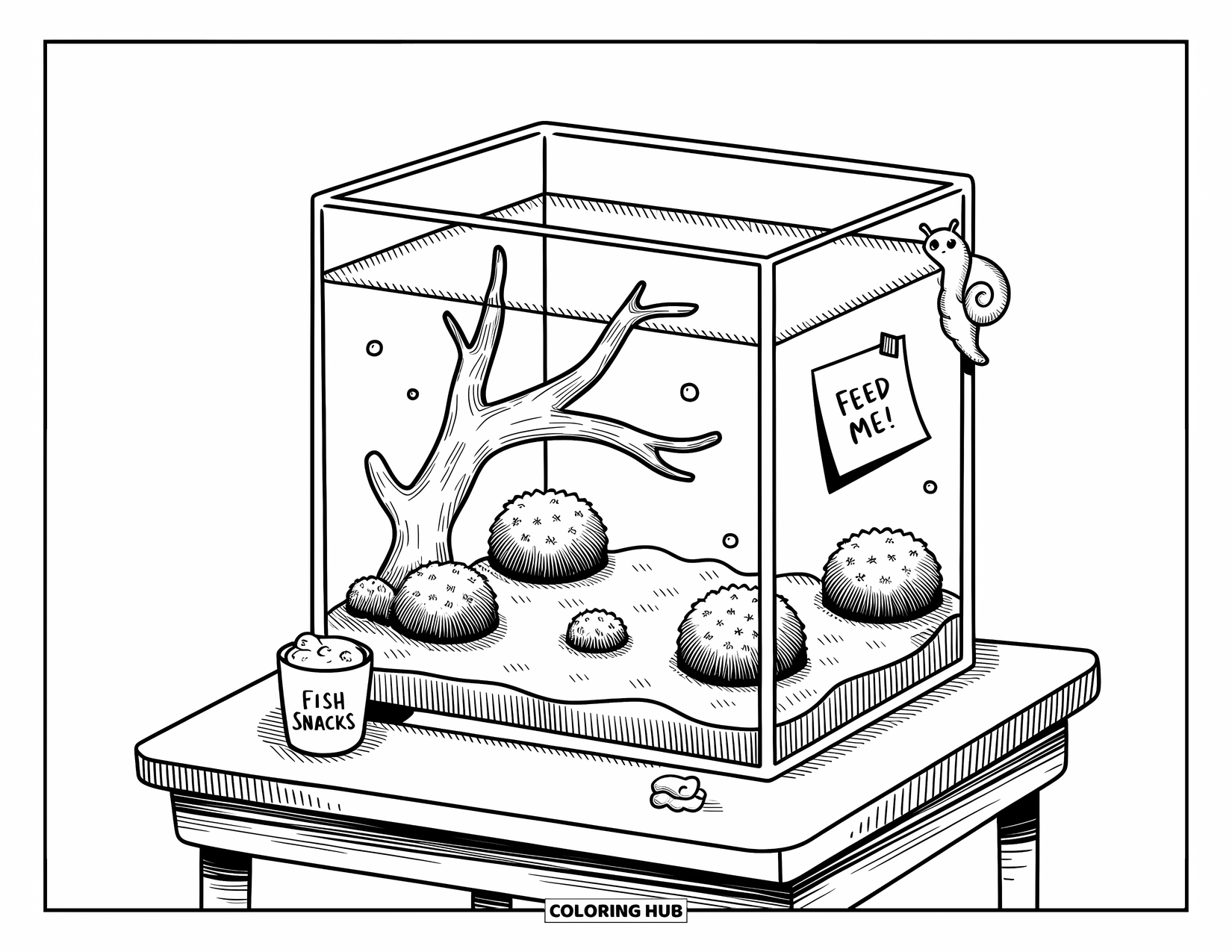 Aquarium Coloring Page for Adults: Snail climbs up a tank wall near driftwood and a playful "Fish Snacks" cup