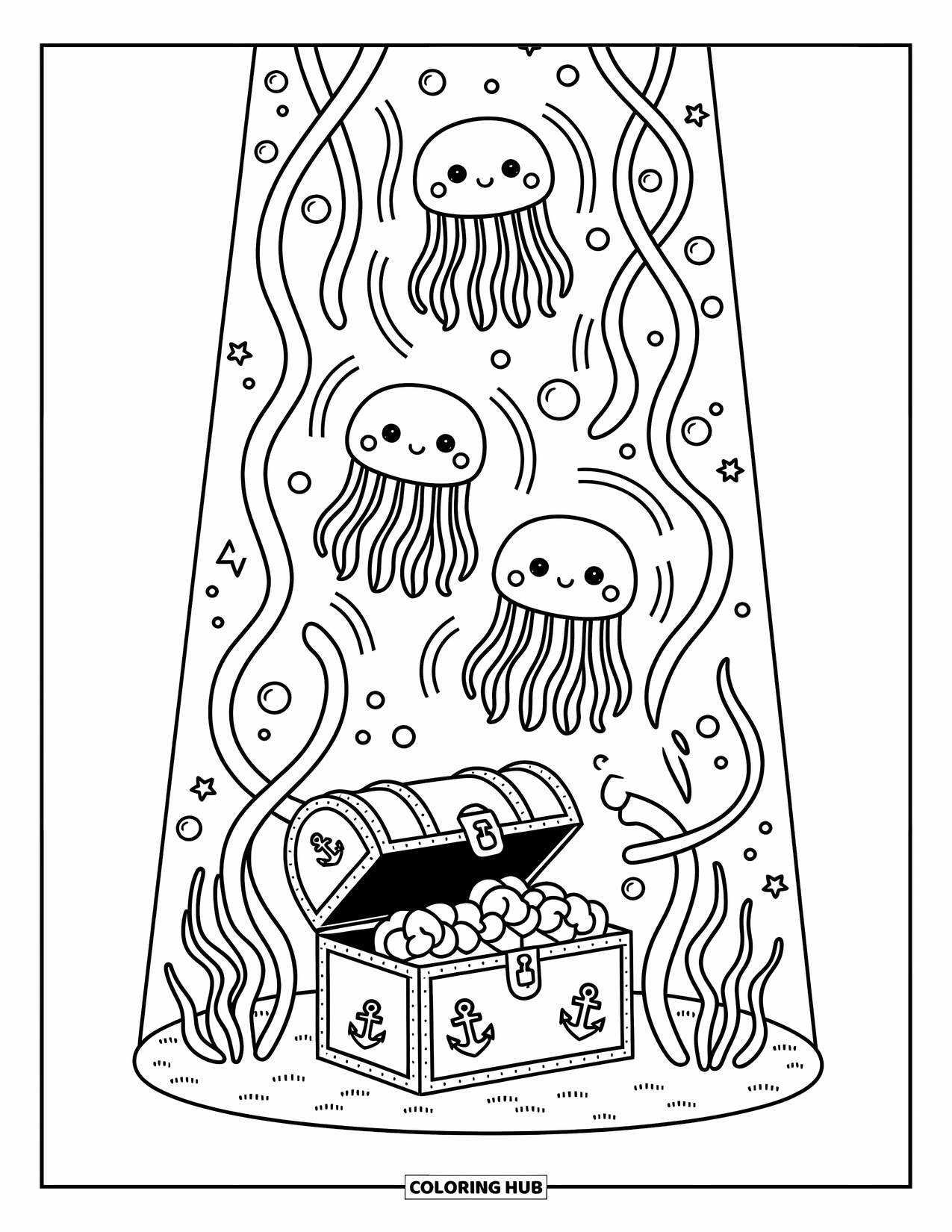 Aquarium Coloring Page for Adults: Tall tank with jellyfish, seaweed, and a tiny treasure chest surrounded by doodles