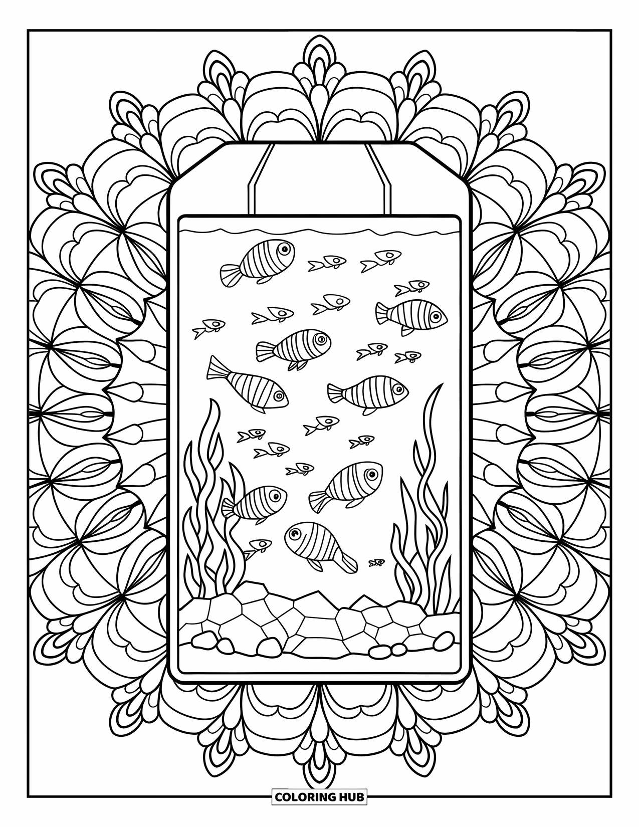 Aquarium Coloring Page for Adults: Tetras and aquascape rocks inside a rectangle tank framed by floral art
