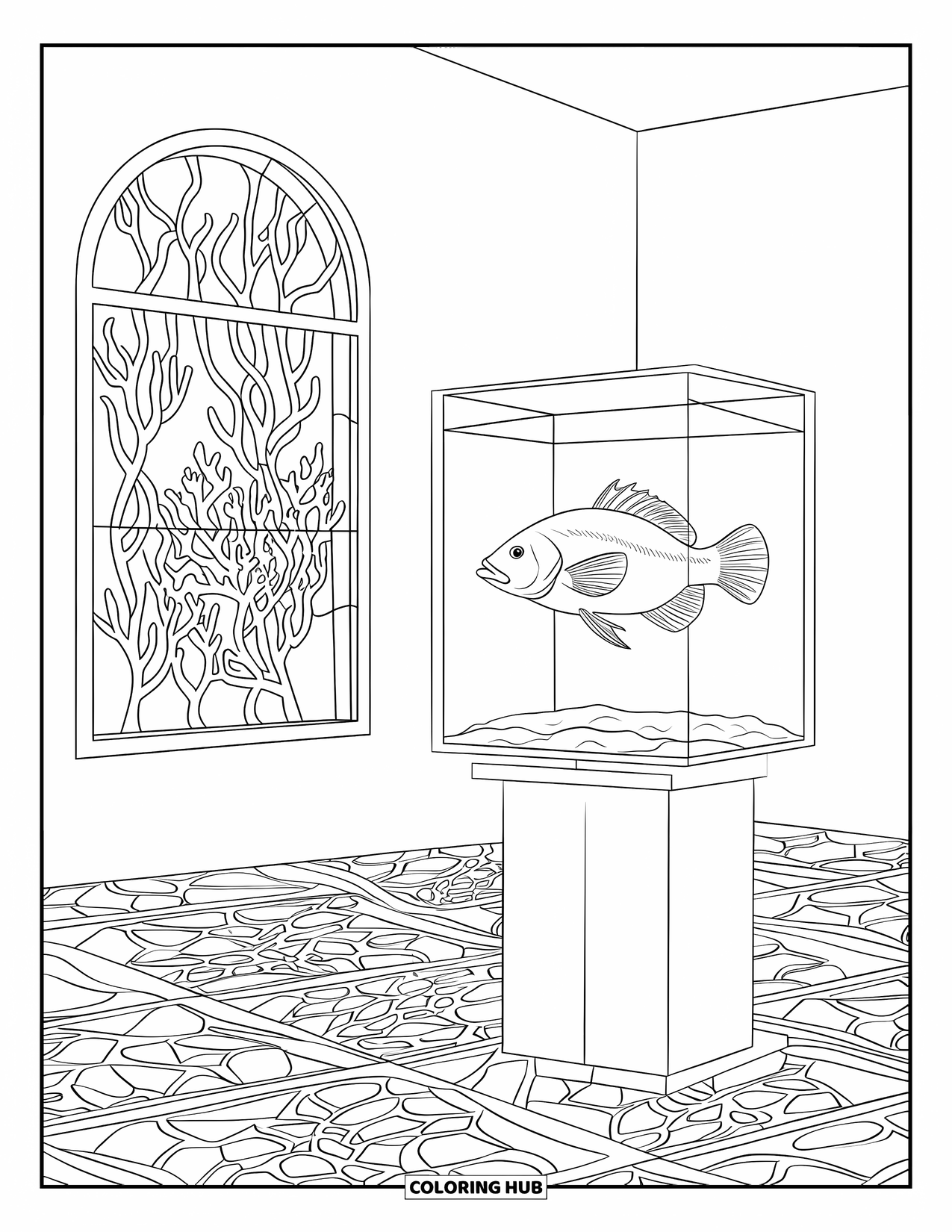 Aquarium Coloring Page for Adults: Tropical fish swims in a bright cube tank near stained glass windows