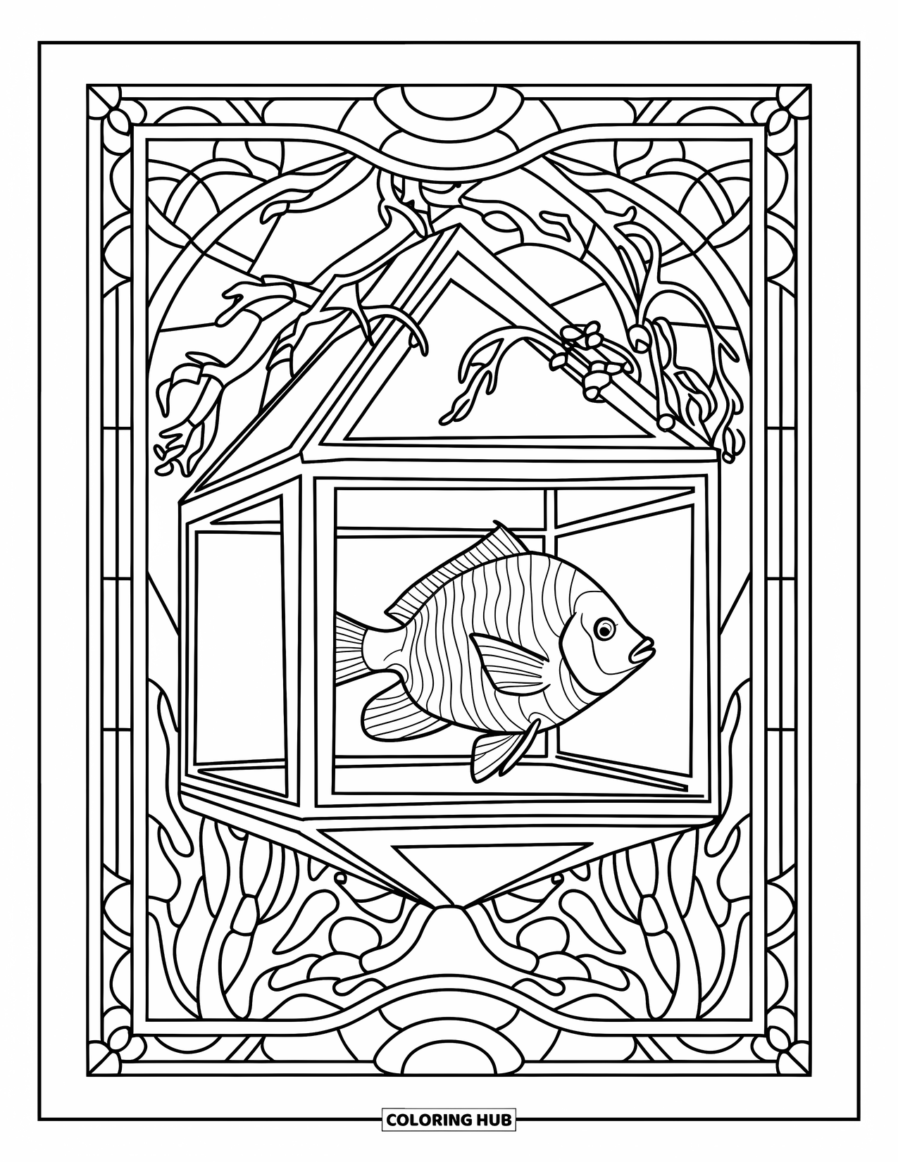 Aquarium Coloring Page for Adults: Tropical fish swims in a cube tank wrapped in stained glass coral vines