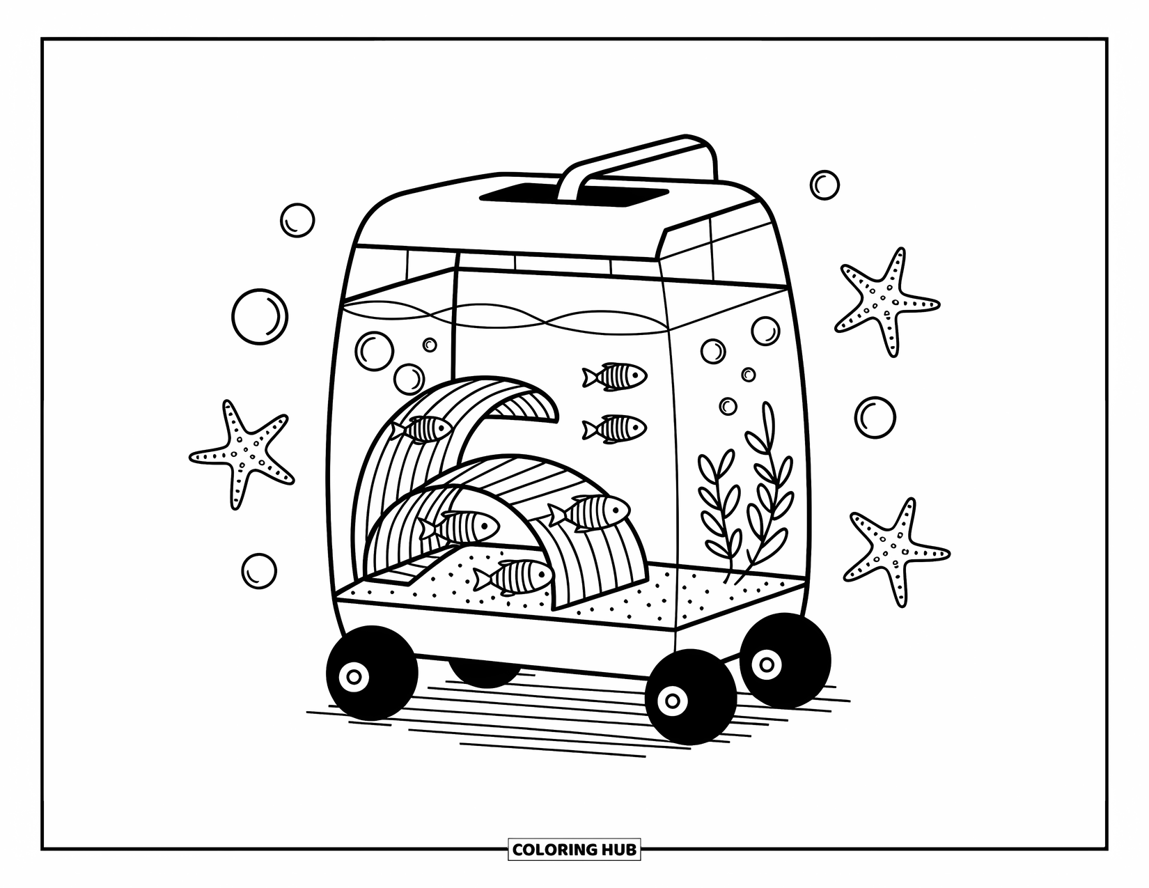 Aquarium Coloring Page for Adults: Wheeled aquarium with playful fish, leafy corners, and starfish decorations
