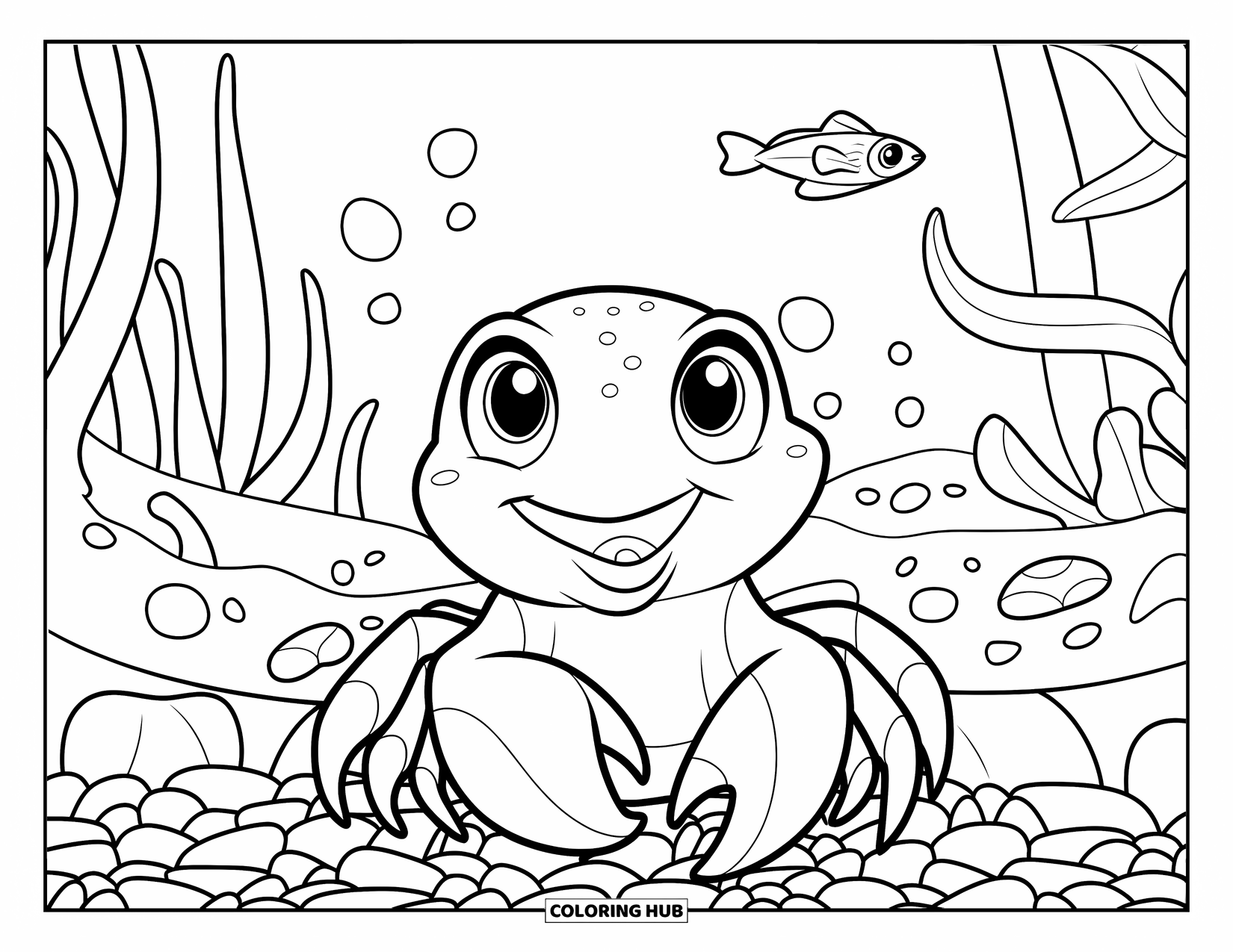 Aquarium Coloring Page for Kids: Baby crab sits among pebbles with tiny sea creatures nearby