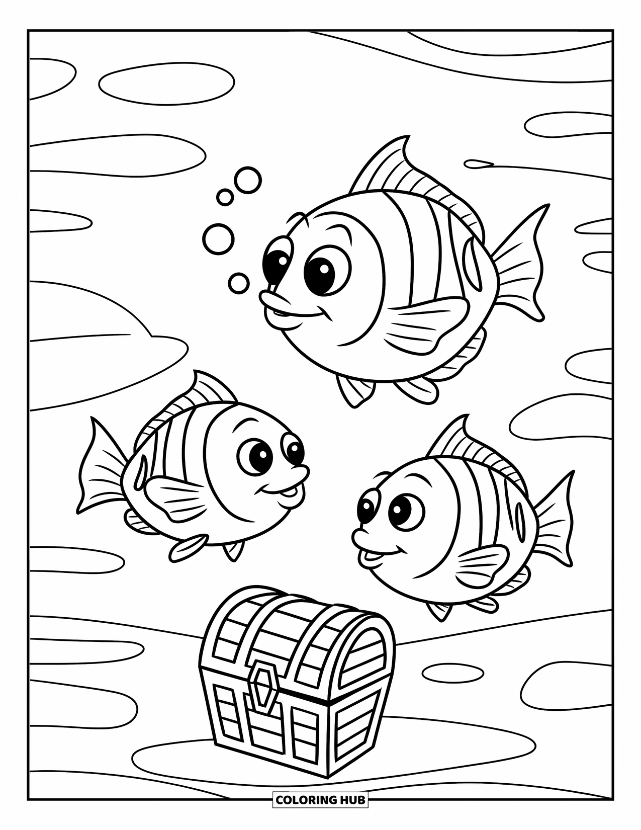 Aquarium Coloring Page for Kids: Big-eyed fish explore a treasure chest in a cozy mini aquarium