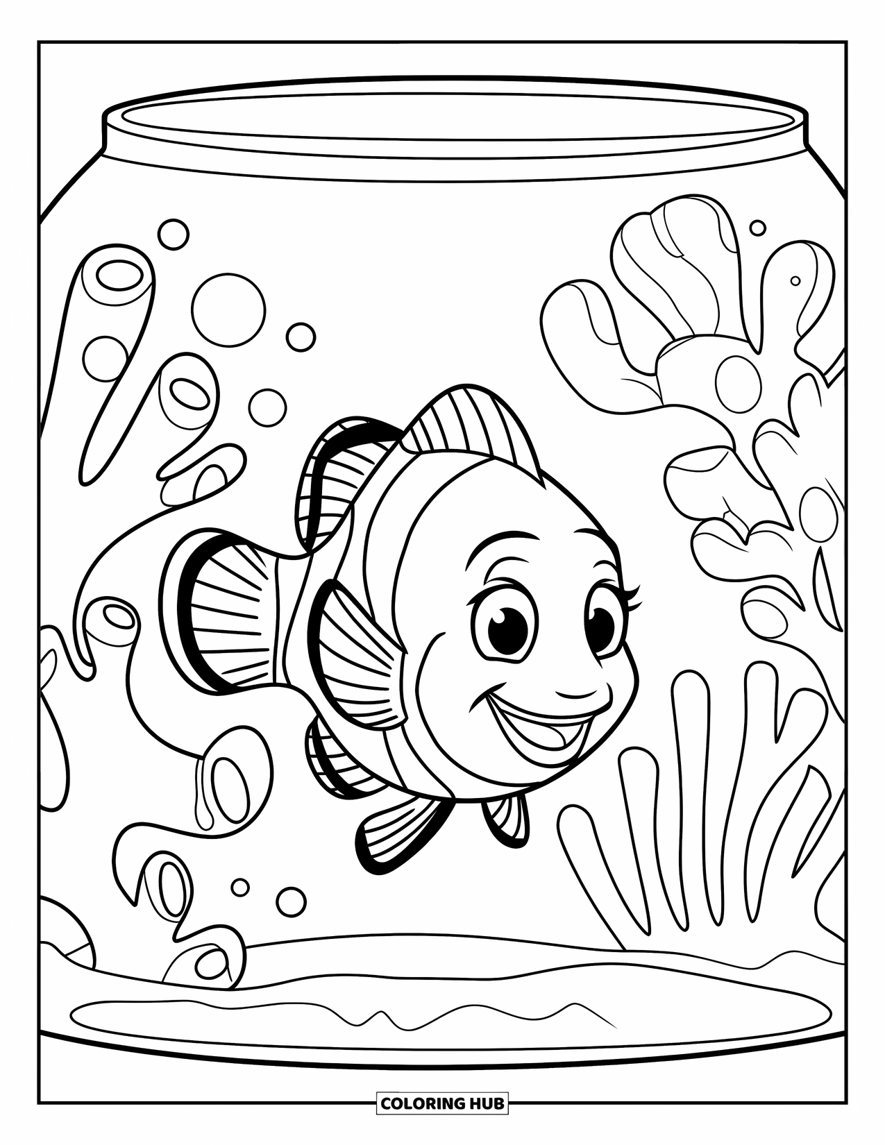 Aquarium Coloring Page for Kids: Cheerful clownfish swims near wavy coral in a small, simple tank