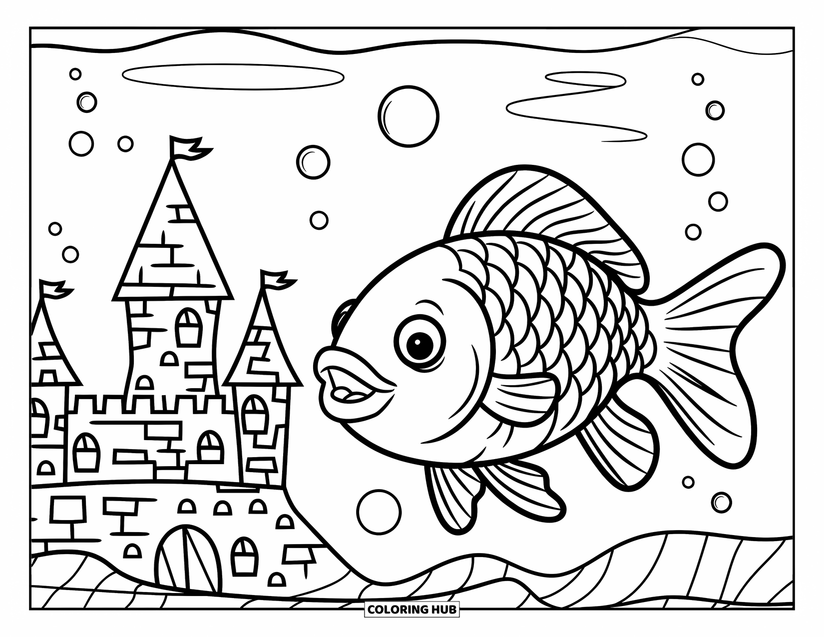 Aquarium Coloring Page for Kids: Cheerful goldfish swims by a sunken castle in a playful tank