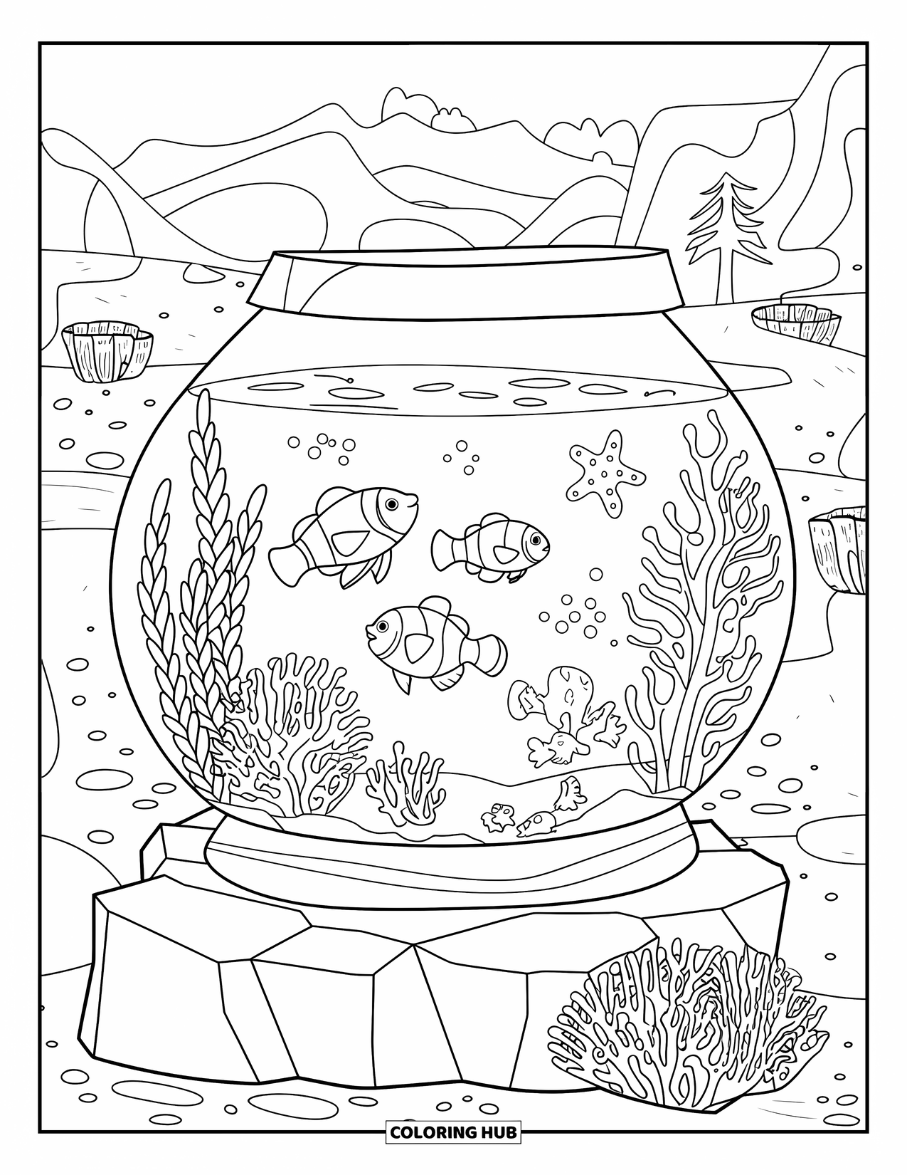Aquarium Coloring Page for Kids: Clownfish and sea life live in a tank with mountain views