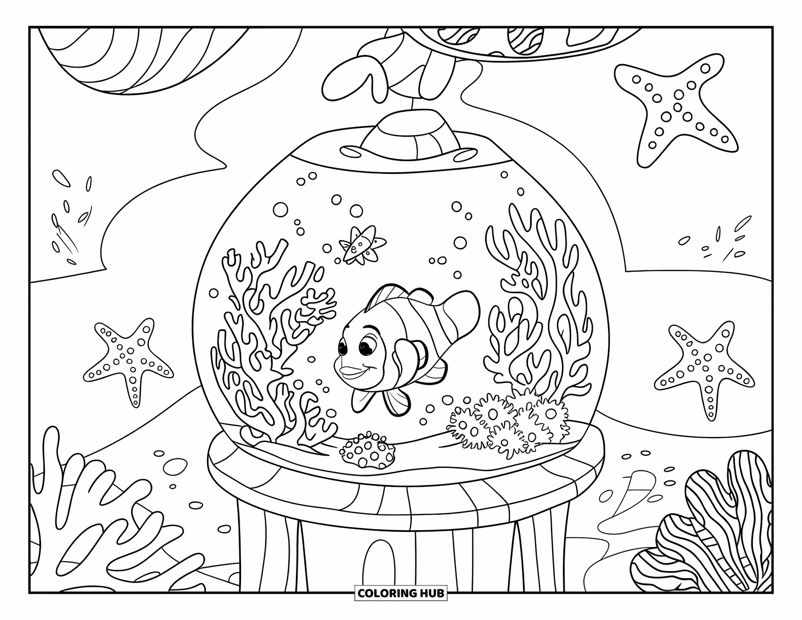 Aquarium Coloring Page for Kids: Clownfish swims near coral with starfish and sea anemones