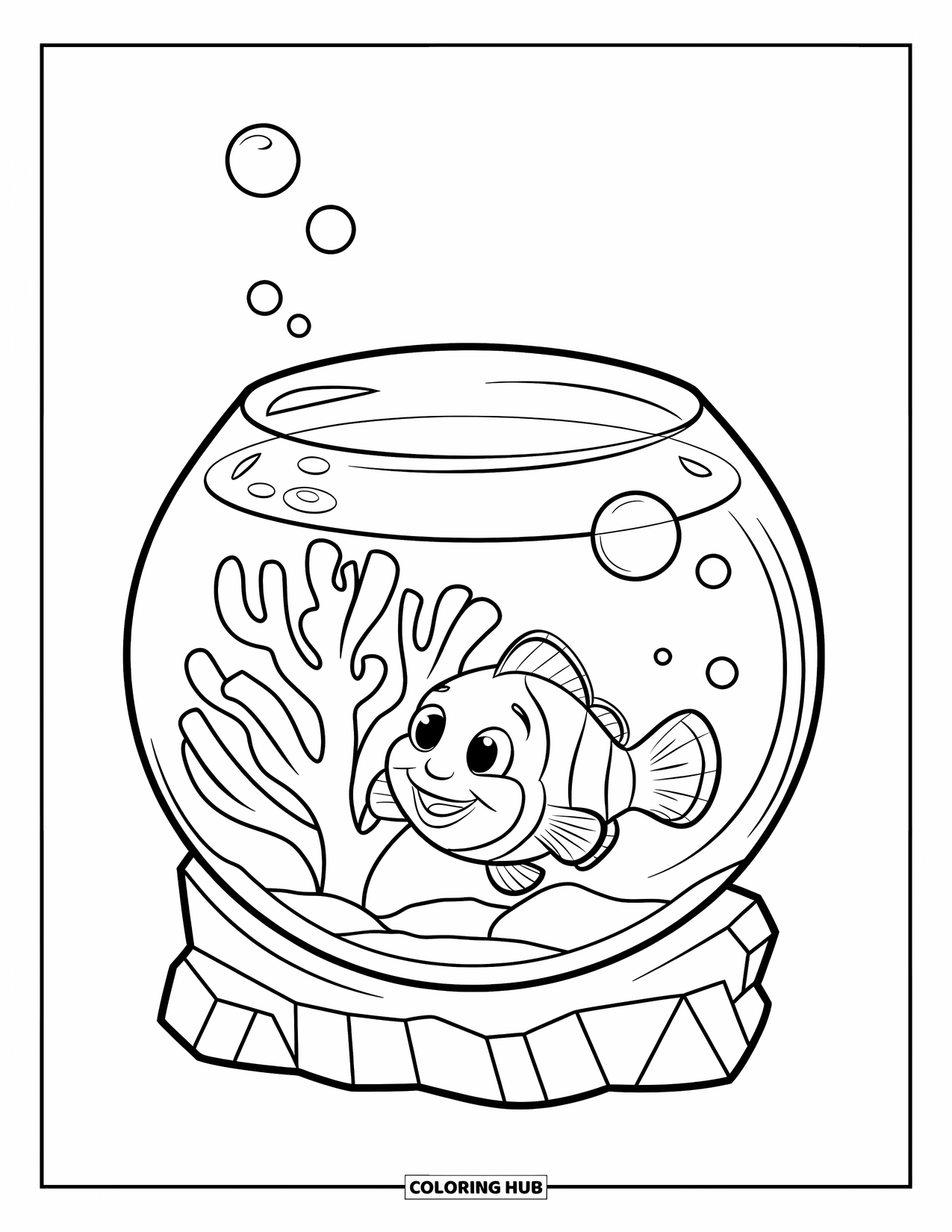 Aquarium Coloring Page for Kids: Clownfish with red and white stripes swims by soft coral and bubbles