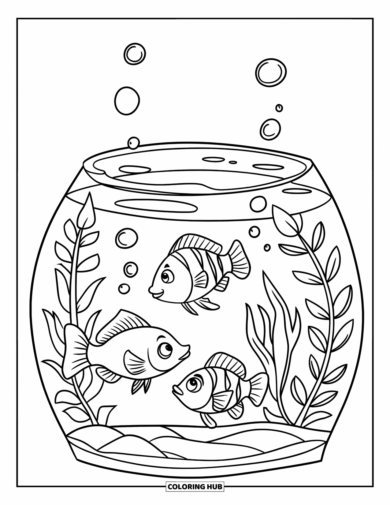 Aquarium Coloring Page for Kids: Fish playfully swim around plants and bubbles in a tiny tank