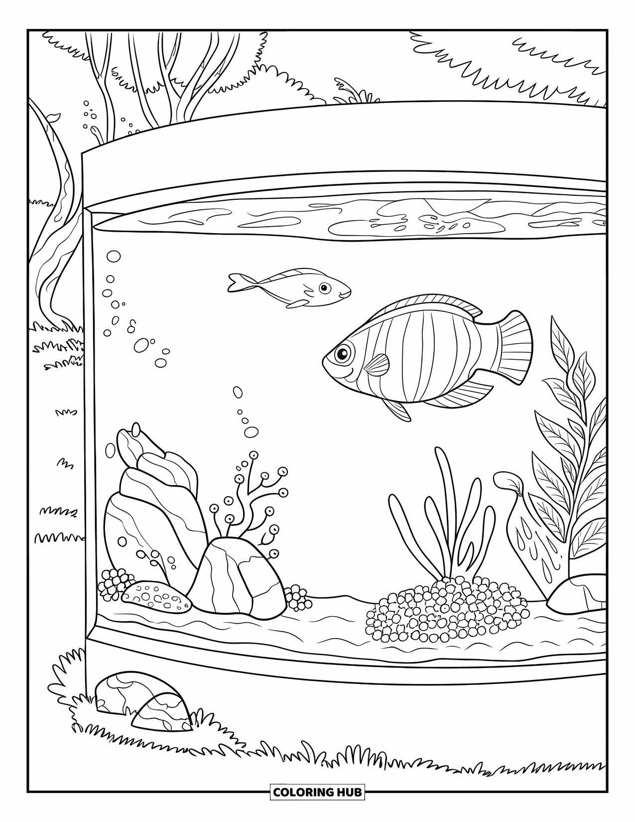 Aquarium Coloring Page for Kids: Fish swim through rocks and plants in a peaceful outdoor setting