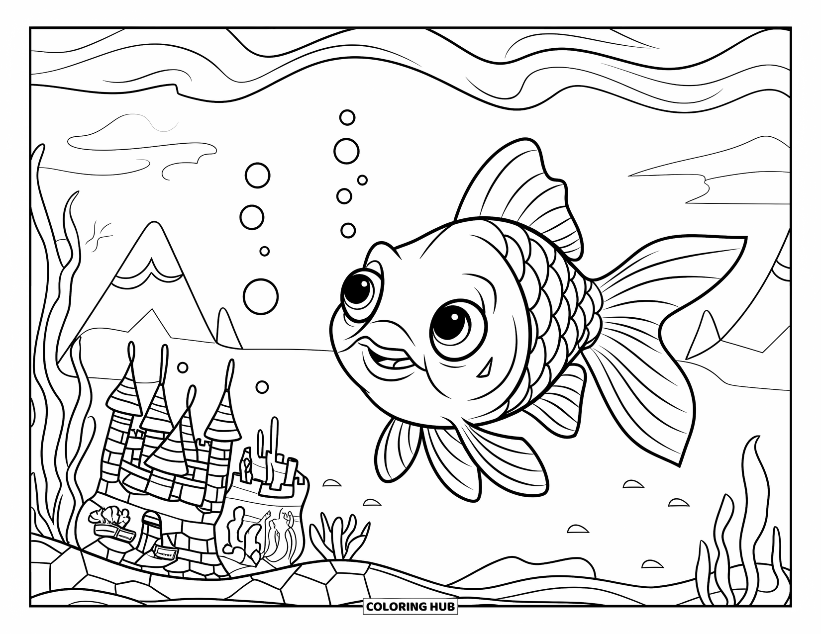 Aquarium Coloring Page for Kids: Goldfish with a crown swims near a treasure-filled castle in a fun tank