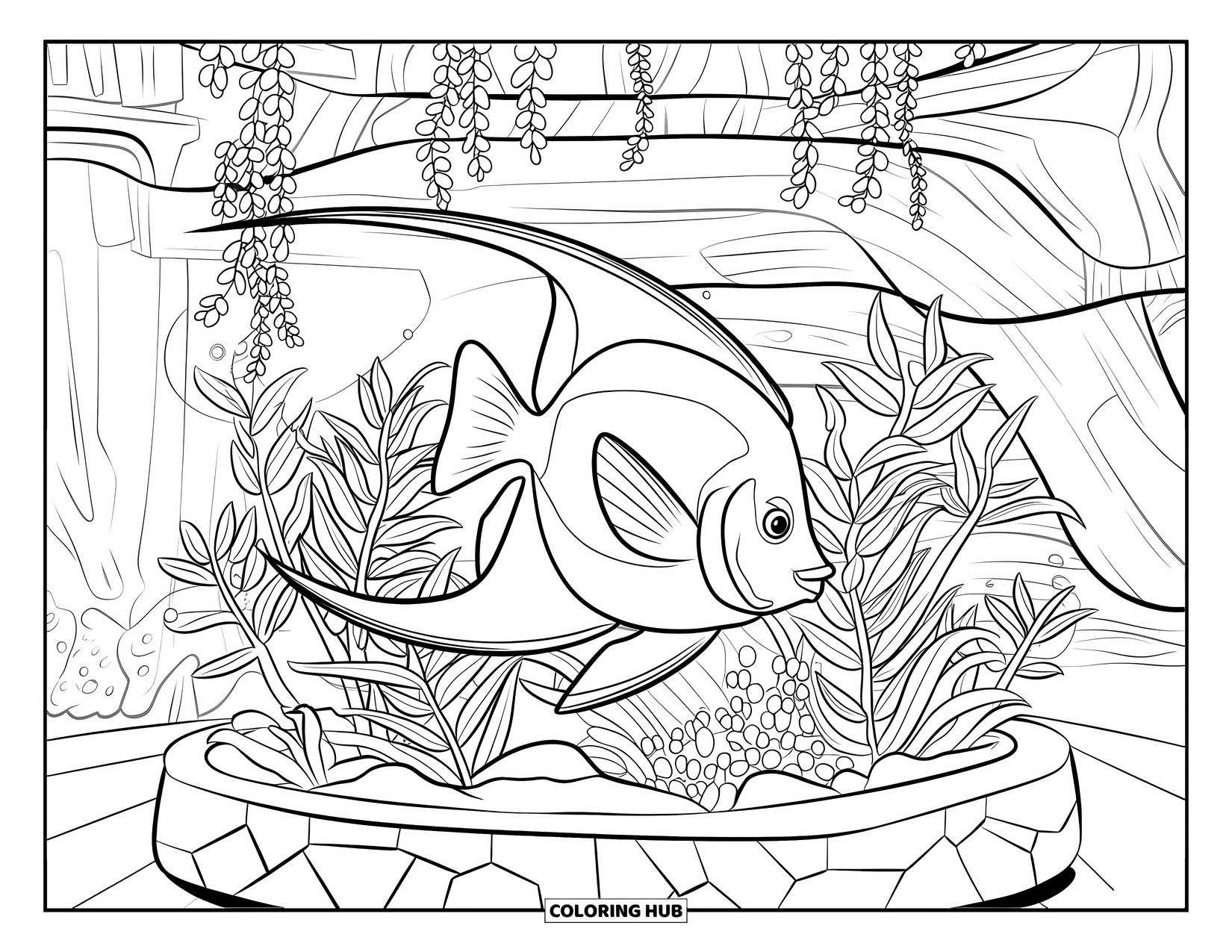 Aquarium Coloring Page for Kids: Graceful angelfish swims among leafy plants in a stylish aquarium