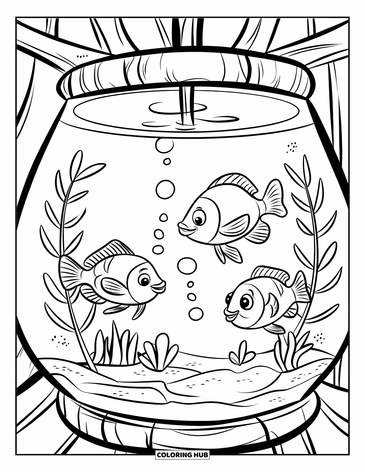 Aquarium Coloring Page for Kids: Playful fish swim among bubbles in a cozy little aquarium