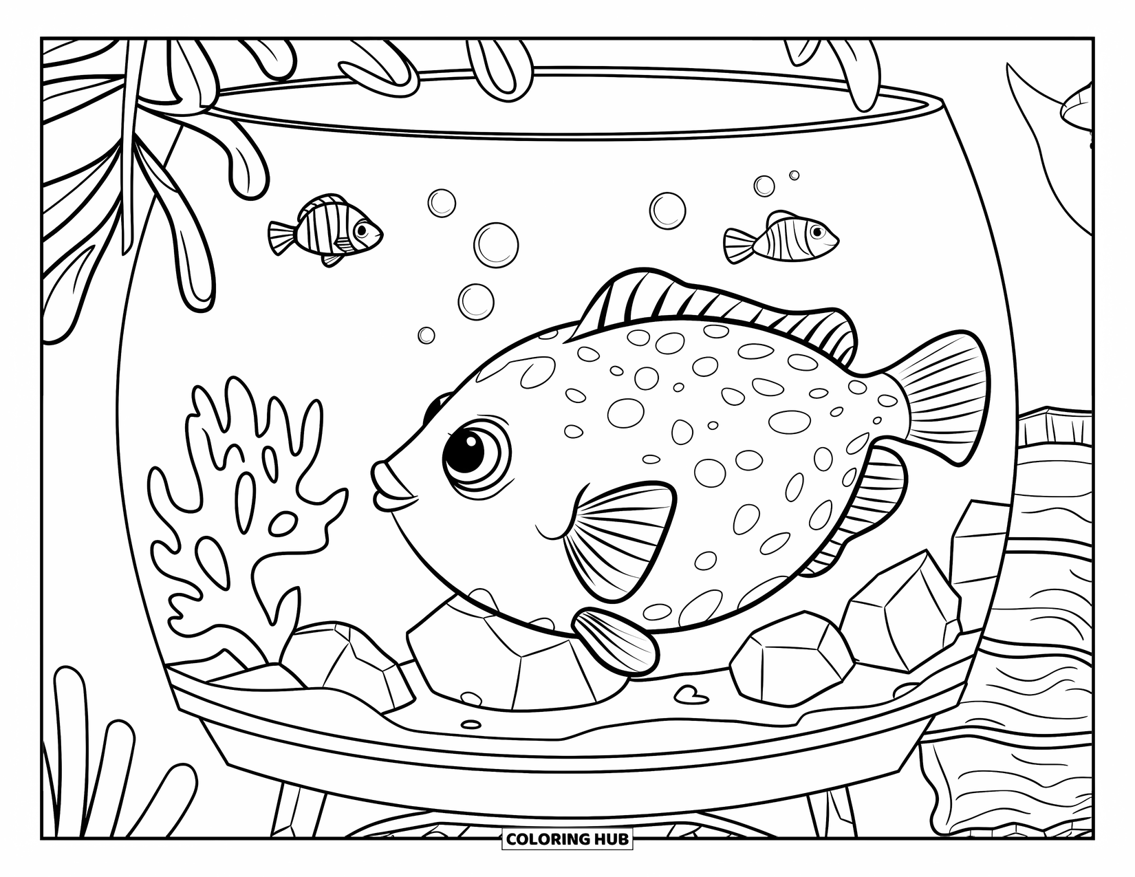 Aquarium Coloring Page for Kids: Pufferfish resting by coral rocks in a cozy home tank