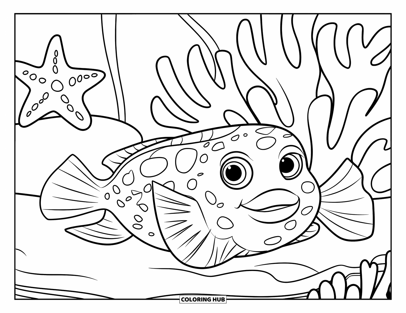 Aquarium Coloring Page for Kids: Pufferfish rests near coral with a starfish and seashell nearby