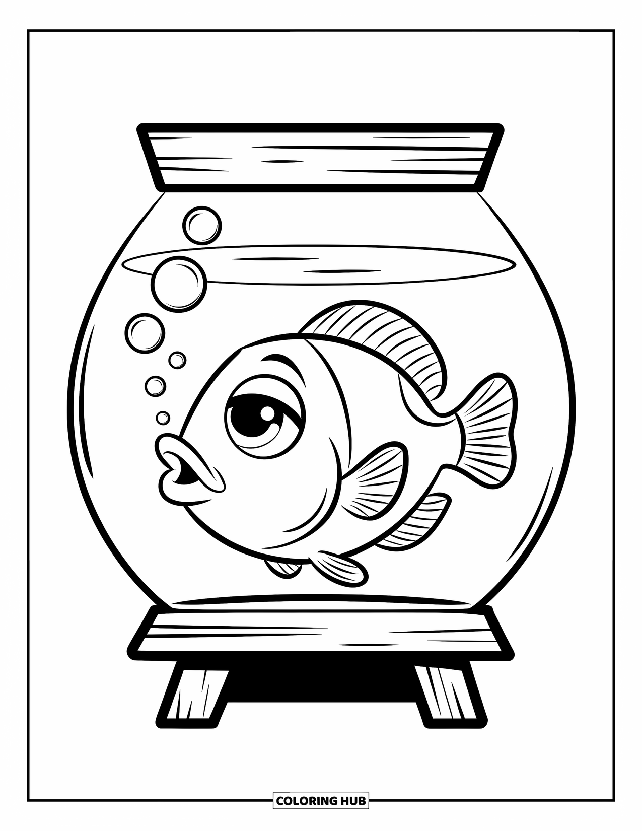 Aquarium Coloring Page for Kids: Round fish with big eyes blows bubbles in a cozy aquarium