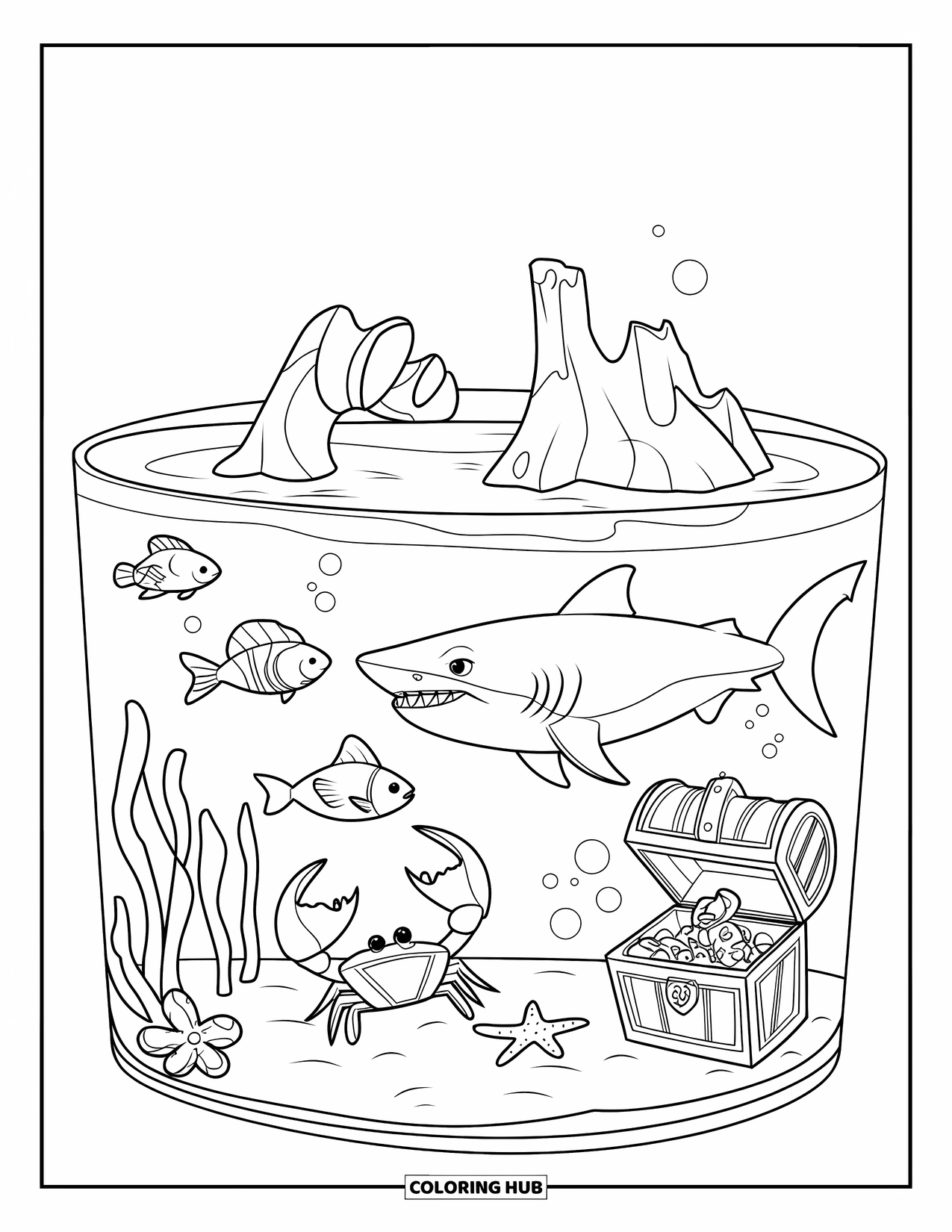 Aquarium Coloring Page for Kids: Shark, crab, and fish discover treasure in a clear aquarium