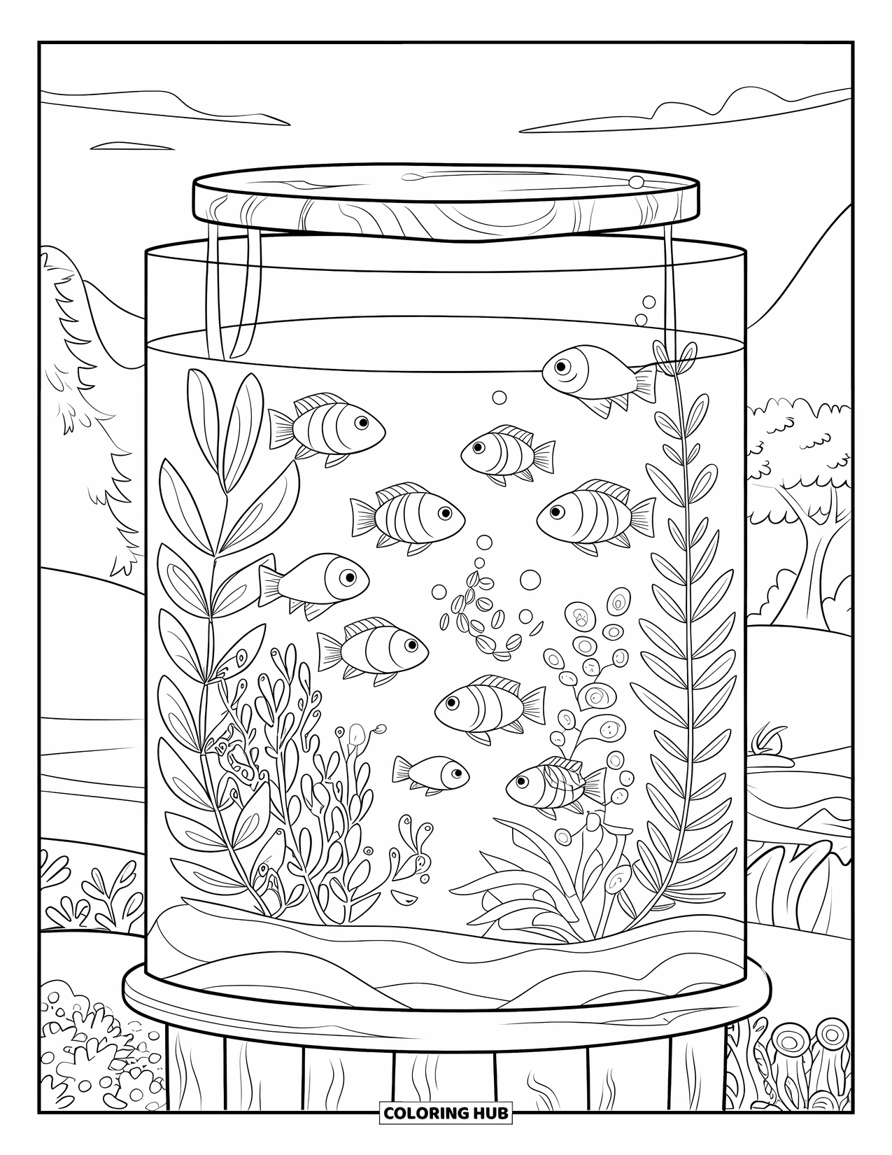 Aquarium Coloring Page for Kids: Tall aquarium filled with colorful fish and gently waving plants