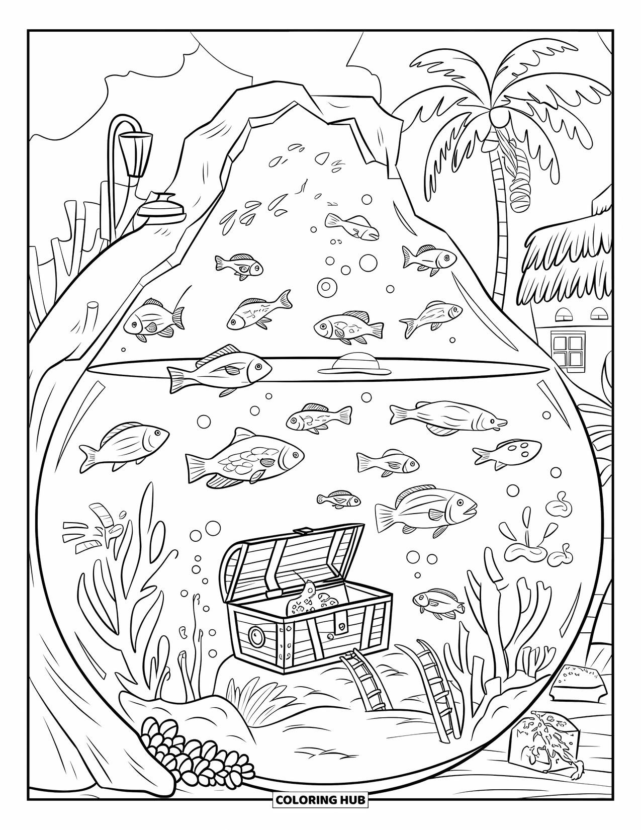 Aquarium Coloring Page for Kids: Tropical fish explore plants, rocks, and hidden treasure in a big tank
