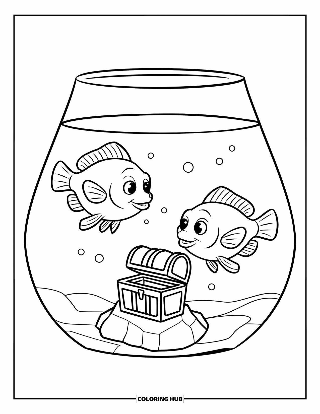 Aquarium Coloring Page for Kids: Two cute fish circle a tiny chest on a rock in the tank