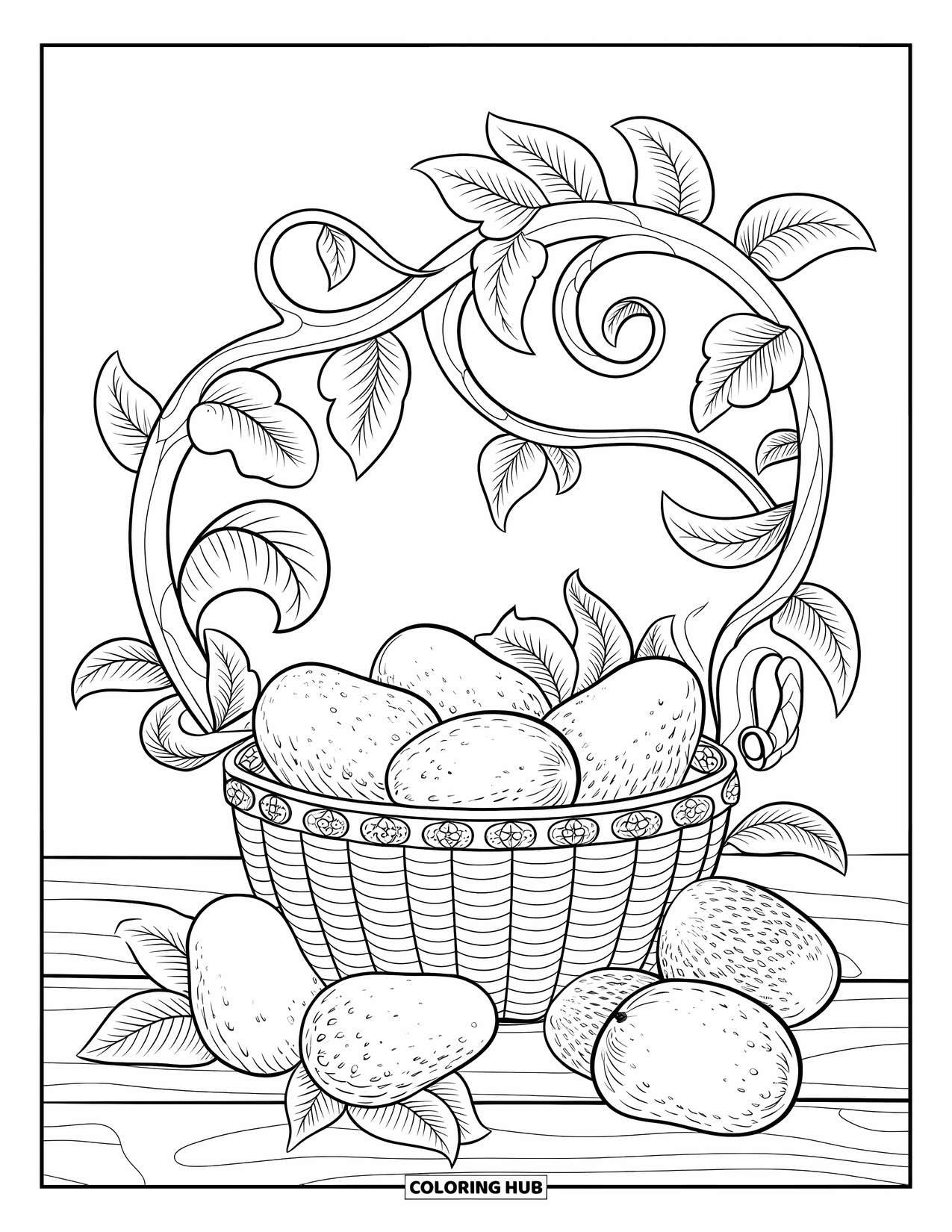 Avocado Coloring Page for Adults: Avocado basket with scattered fruits and swirling floral patterns