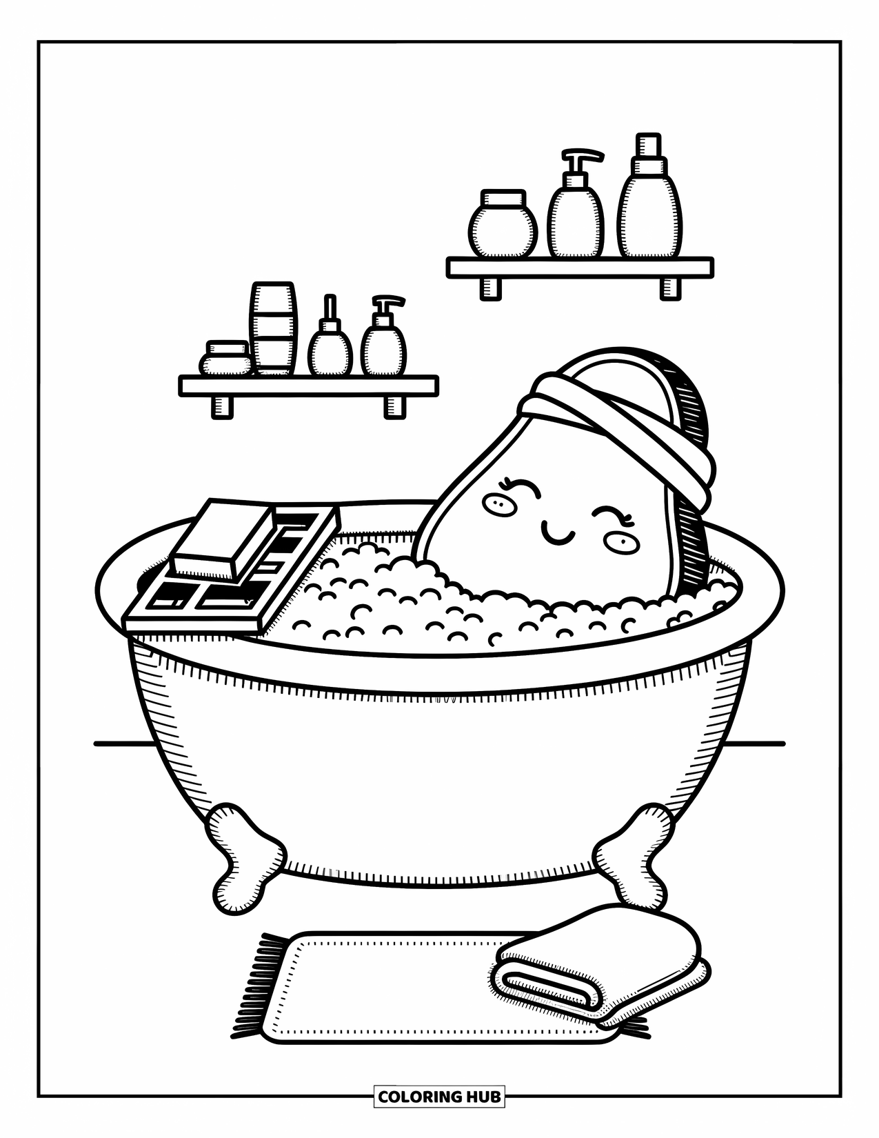 Avocado Coloring Page for Adults: Avocado enjoys a bubbly bath surrounded by shelves, a rug, and a bath tray