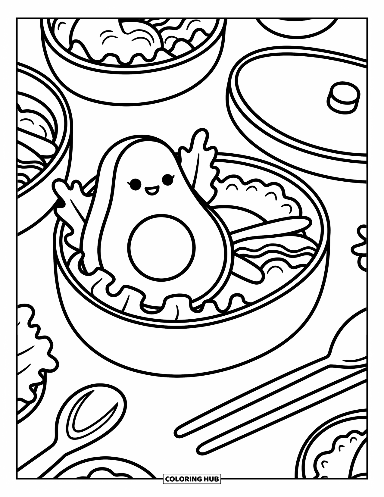 Avocado Coloring Page for Adults: Avocado enjoys a cozy bento meal with cute side dishes and handy utensils
