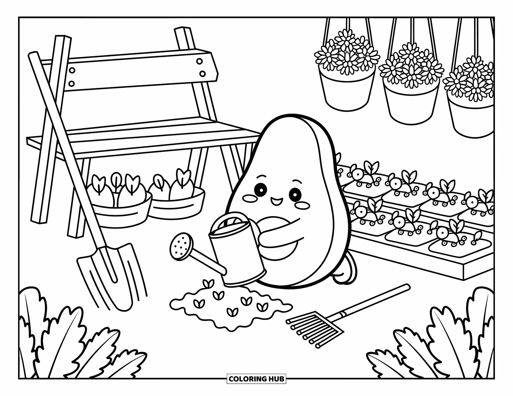 Avocado Coloring Page for Adults: Avocado gardener waters tiny sprouts with tools and flowers all around