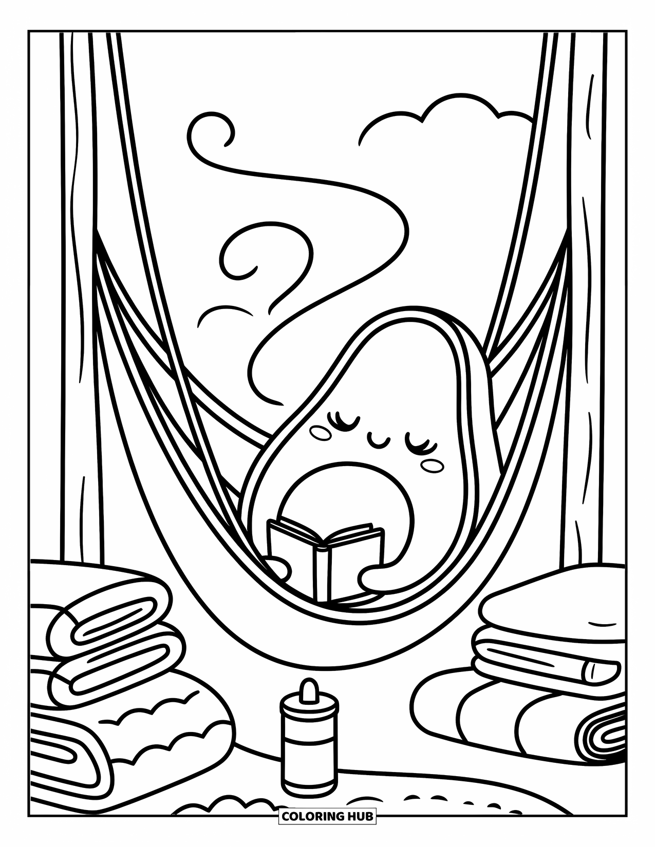 Avocado Coloring Page for Adults: Avocado rests in a hammock with a blanket, thermos, and gentle breeze lines