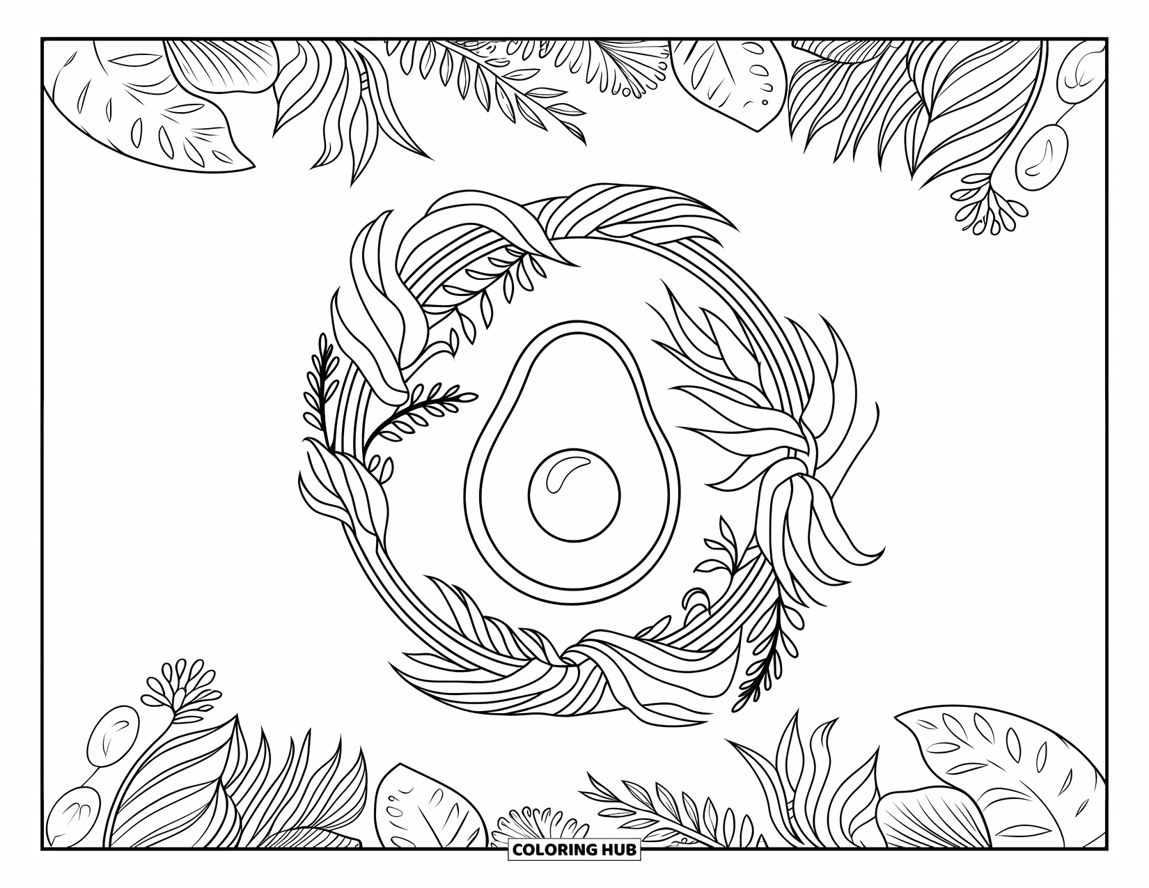 Avocado Coloring Page for Adults: Avocado sits at the center of a circular frame filled with tropical plants